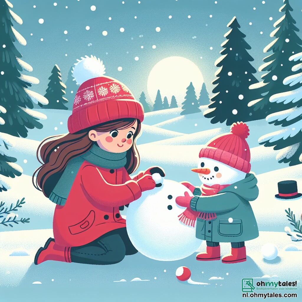 Twee meisjes, Liza en Noor, staan in het midden van de scène. Liza, 7 jaar oud, heeft lang bruin haar en draagt een felrode jas met een bijpassende muts. Ze zit op haar hurken en rolt een grote sneeuwbal. Noor, ook 7 jaar, heeft blond haar en draagt een blauwe jas met roze handschoenen. Ze staat naast Liza, glimlachend, met een kleine sneeuwbal klaar om te gooien. De achtergrond is een betoverend winterlandschap. De sneeuw bedekt de grond als een zachte witte tapijt, en sneeuwvlokken vallen zachtjes uit de heldere blauwe lucht. In de verte staan groene dennenbomen, hun takken bedekt met glinsterende sneeuw onder de winterzon. De belangrijkste situatie toont Liza en Noor die samen een vrolijke sneeuwman bouwen. Ze voegen een wortel toe als neus en een oude zwarte hoed op het hoofd van de sneeuwman, terwijl ze lachen en plezier hebben, en onvergetelijke winterherinneringen creëren.
