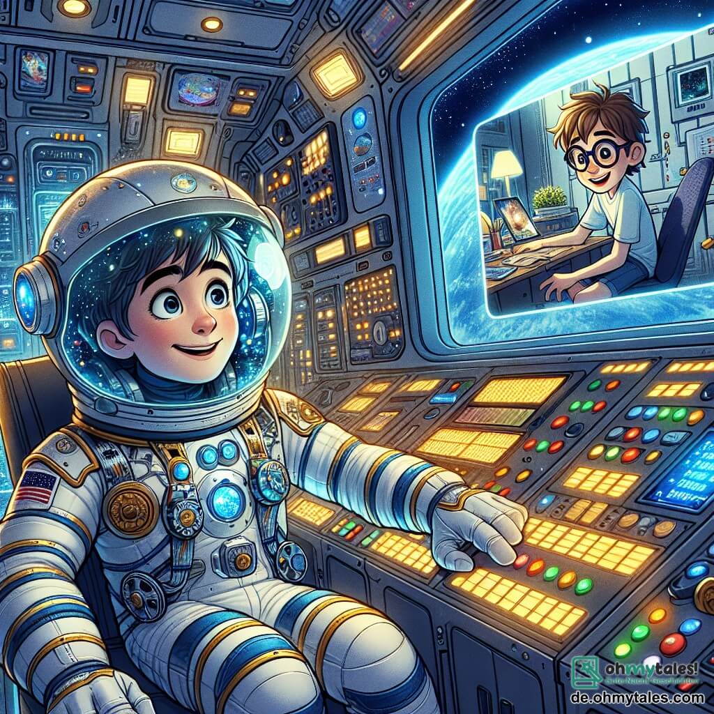 Ein Astronaut namens Markus schwebt im Kontrollraum der Raumstation Alpha-7 mit einem strahlenden Lächeln im Gesicht. Er trägt einen weißen Raumanzug mit blauen Akzenten und einen durchsichtigen Helm, der die Sterne reflektiert. Seine Augen leuchten vor Aufregung, während er ein Bedienfeld anpasst, umgeben von bunten Tasten und blinkenden Lichtern. Auf dem Bildschirm vor ihm erscheint Tim, ein zehnjähriger Junge mit zerzausten braunen Haaren und runden Brillen. Er sitzt in seinem Zimmer, umgeben von Postern von Planeten und Raketen, mit weit aufgerissenen Augen voller Staunen, während er Markus mit einem breiten Lächeln anfeuert. Die Szene spielt sich in der futuristischen Raumstation ab, mit silbernen Metallwänden, Fenstern mit atemberaubendem Blick auf die blaue Erde darunter und funkelnden technologischen Instrumenten. Markus repariert ein defektes Signal an einem Bedienfeld, während Tim ihm über das Video viel Glück wünscht und einen magischen Moment der Verbindung zwischen dem Weltraum und der Erde schafft.
