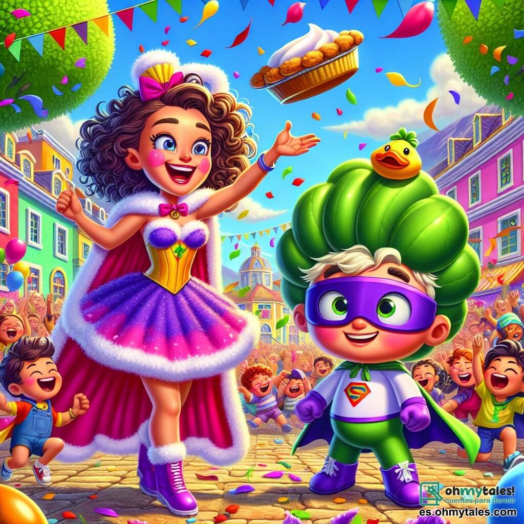 Superpompón, una mujer sonriente con cabello rizado y una capa de peluche rosa, se encuentra en el centro del escenario, con los ojos brillantes de emoción y una gran sonrisa. Lanza una tarta colorida al aire, rodeada de confeti. A su lado, Croquetón, un niño torpe de unos 10 años, lleva un disfraz de supervillano morado en forma de verduras, con una expresión cómica, mientras un pato travieso se posa en su cabeza, provocando risas a su alrededor. La escena tiene lugar en una plaza animada de la ciudad de Risas Altas, con edificios coloridos, niños riendo y jugando, y globos flotando en el cielo azul. Los árboles con hojas verdes vibrantes rodean la plaza, creando una atmósfera alegre y festiva. En esta situación, Superpompón intenta salvar el día lanzando una tarta a Croquetón, quien accidentalmente ha causado un caos cómico con su rayo atrapanarices, mientras los niños ríen ante este espectáculo hilarante.