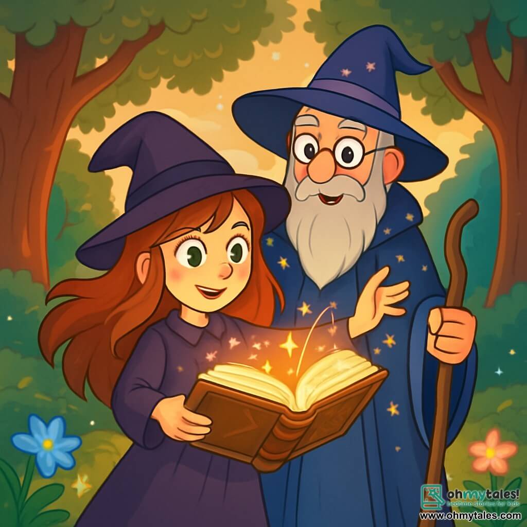 Elara, a 12-year-old young witch, stands in the center of an enchanted clearing, her long auburn hair floating in the breeze. Her emerald eyes shine with excitement and determination as she holds an ancient grimoire open before her, its pages illuminated by a soft golden light. Beside her, Master Lyron, a wise man around 50 with a long gray beard and round glasses, watches closely with a kind smile. He wears a wizard's robe adorned with star patterns and holds a carved wooden staff, ready to assist her. The clearing is surrounded by majestic trees with thick trunks and shimmering leaves, bathed in the light of the setting sun. Luminescent flowers emit a gentle glow, creating a magical atmosphere. Focused, Elara begins to chant a light spell, magical energy sparks dancing around her, while Master Lyron encourages her with a proud look.