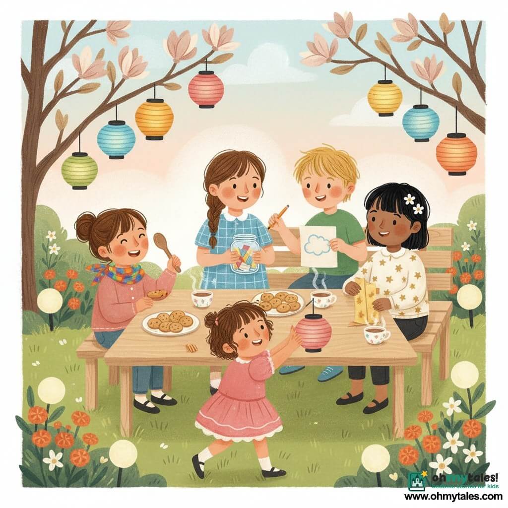 Five children in a small neighborhood park at dawn: Lina (5) in a blue check-pattern dress with a brown braid, holding a small glass jar of folded colorful wishes at the center; Asha (5) in a cream shirt dotted with gold stars and two white flowers in her black hair, folding a paper lantern to Lina’s right; Noor (5) with a colorful neck scarf and hair in a bun, holding a wooden spoon and laughing by a plate of cookies to Lina’s left; Mimi (4–5) in a ruffled pink dress with short curly hair, waving a small hanging lantern in front of Lina, slightly crouched; and a new friend, a 6-year-old boy in a green T-shirt with tousled blond hair, offering a pencil to Lina and showing a drawing of a cloud while sitting on the bench behind them. Scene: morning in a mown grassy park with a light wooden table of cookies and steaming tea cups, paper lantern garlands hanging from magnolia branches, globe solar lights, flower beds of marigolds and jasmines, pale sunrise sky. Main action: children sharing cookies and placing folded wishes into the central jar, lanterns swaying in the breeze, joyful expressions and sharing gestures, flour-dusted fingers. Visual style: soft gouache palette of warm ochres, cerulean blue and salmon pink, visible brush textures, slightly blurred outlines and childlike strokes to emphasize tenderness.