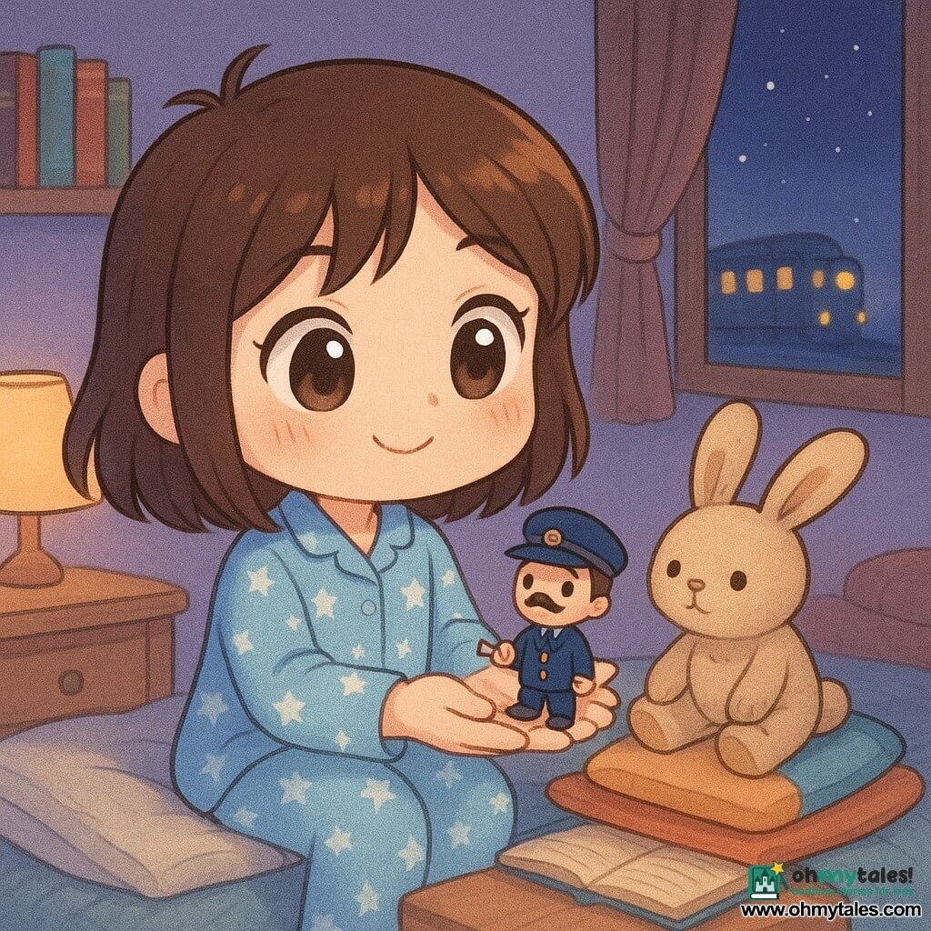 A joyful, dreamy 12-year-old girl with mid-brown straight hair and a stray lock, big bright eyes and rosy cheeks, in light-blue star-pattern pajamas, holds a tiny 2–3 cm chibi train conductor in her palm and smiles as she builds an improvised “platform” of cushions and blankets for him; the tiny conductor wears a navy uniform and cap, has a minuscule mustache and curious eyes, holds a tiny punch and inspects like a station, sitting by a pile of cushions; a worn beige plush rabbit named Captain Flop sits on a cushion as “security” with its head tilted and paw on a book; the cozy nighttime bedroom has soft lavender walls, an open window showing a distant train with blurred yellow lights, shelves of colorful books, an ajar bed drawer with messy socks, a folded blanket platform and a bedside lamp casting warm light; overall centered composition, pastel colors, visible textures (fabric, wool, wood), warm, reassuring expression and dim nighttime lighting.