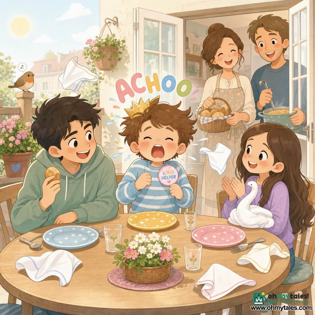 An 8-year-old boy with a round face and messy light-brown hair wearing a slightly crooked paper crown sneezes loudly with a big colorful ACHOO visible while holding a small KIND HELPER badge; his ~11-year-old sister with long brown hair and a mischievous smile sits to his right applauding with a towel folded into a swan on her lap, and his ~13-year-old brother with short dark hair sits to his left grinning and holding a small roll; parents appear in the background as caring silhouettes smiling and holding a bread basket and ladle of soup near an open patio door; setting: sunlit wooden terrace, round light-wood table, floating white napkins, colorful plates, a low fence with a bird on the picket and flower pots; main scene: warm, comic moment—family laughing during an outdoor lunch as the boy’s big sneeze sparks collective laughter, bright pastel colors, simple kawaii-style features and exaggerated expressions.