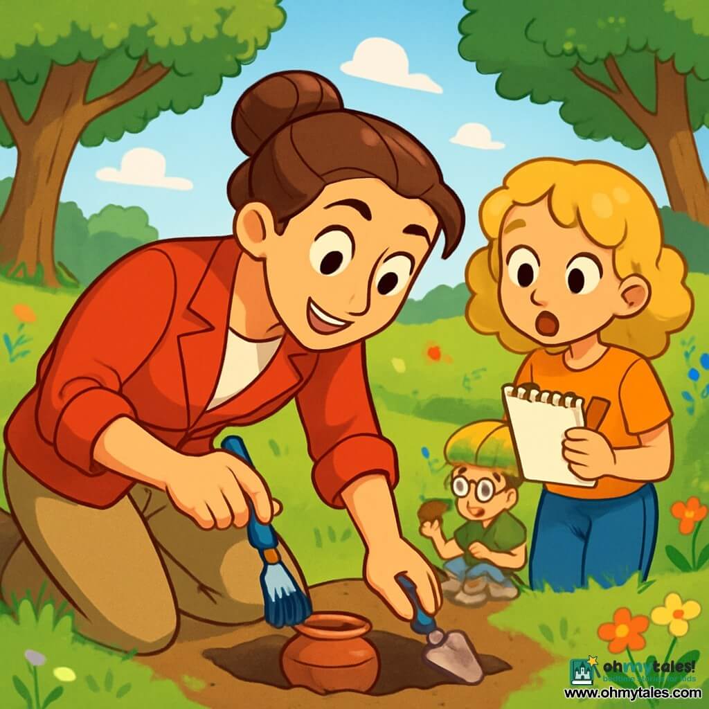 An archaeologist, a woman in her thirties with brown hair tied in a bun, wears a bright red jacket and beige pants. Her face shows wonder and concentration as she gently leans over a small hole in the ground, holding a brush in one hand and a trowel in the other. Next to her, a ten-year-old girl with curly blonde hair watches with wide eyes, holding a notebook and pencil, ready to draw what she sees. In the background, a nine-year-old boy with glasses and a green t-shirt kneels by a pile of stones, carefully examining a small piece of pottery he found. The setting is a vast green meadow dotted with colorful wildflowers, under a clear blue sky with a few floating white clouds. Majestic trees line the field, providing shade and a sense of mystery. The main scene shows the archaeologist discovering an ancient terracotta object, a look of awe on her face, while the girl enthusiastically takes notes and the boy exclaims joyfully with his find. The atmosphere is filled with curiosity and excitement, as if the past is revealing itself before their eyes.