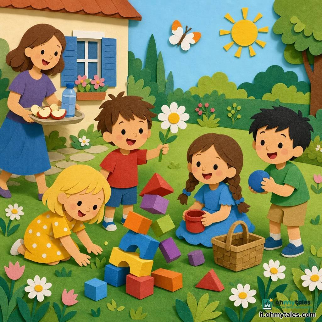 Ci sono quattro bambini di circa 4 anni: Emma, bionda con capelli corti e vestito giallo a pois, in primo piano a sinistra che tocca l'erba; Leo, moro con capelli scompigliati e maglietta rossa, al centro sinistro che tiene una grande margherita bianca; Sara, castana con due trecce e vestito blu, seduta a centro destra con un secchiello rosso vicino al cestino; Tommi, capelli neri corti e maglietta verde, a destra in piedi con una pallina blu. Sono in un giardino estivo luminoso con prato verde in stile carta ritagliata, qualche fiore colorato, un vialetto di pietre beige e una casa sullo sfondo con muro crema e persiana azzurra sotto un cielo chiaro con sole giallo in alto a destra. I quattro giocano insieme costruendo una torre di cubi colorati che sta per cadere; una mamma porta un piatto con pezzi di mela e una bottiglia d'acqua; una piccola farfalla bianca e arancione svolazza sopra di loro; atmosfera gioiosa, colori vivaci, forme semplici e ombre morbide in stile collage.