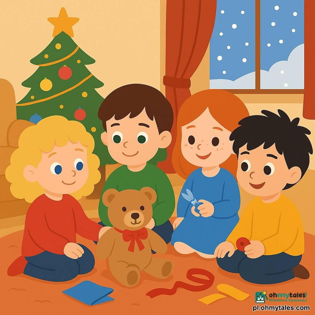 Il y a quatre enfants : Zuzia, dziewczynka w wieku 3 lat, z kręconymi blond włosami i niebieskimi oczami, nosi czerwony sweter i siedzi po lewej stronie, trzymając pluszowego misia. Antek, chłopiec w wieku 3 lat, z krótkimi brązowymi włosami i zielonymi oczami, nosi zielony sweter i siedzi obok Zuzi, uśmiechając się do pluszaka. Lena, dziewczynka w wieku 3 lat, z rudymi włosami i piegami, nosi niebieską sukienkę i siedzi po prawej stronie, trzymając małe nożyczki. Franek, chłopiec w wieku 3 lat, z rozczochranymi czarnymi włosami i brązowymi oczami, nosi żółty sweter i siedzi obok Leny, trzymając czerwony guzik. Miejsce to przytulny i świąteczny salon z dużą choinką ozdobioną światełkami i kolorowymi bombkami. Na podłodze leży miękki dywan, a przez okno widać, jak pada śnieg. Główna sytuacja przedstawia czwórkę dzieci siedzących w kręgu wokół pluszowego misia, którego właśnie wspólnie zrobili. Miś ma czerwoną kokardę na szyi i czerwony guzik jako nos. Dzieci są radosne i uśmiechnięte, otoczone materiałami do rękodzieła, takimi jak kawałki tkanin i kolorowe wstążki.