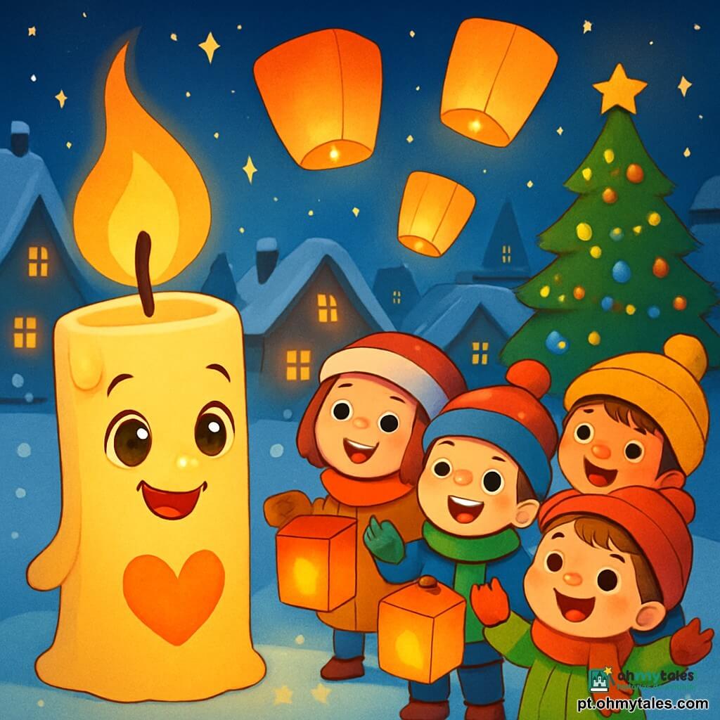 Uma pequena vela sorridente, chamada Clarinha, com um coração de cera brilhante e um pavio dançante, ilumina a noite de Natal com um brilho caloroso e alegre. Seus olhos brilhantes e seu sorriso acolhedor transmitem uma emoção de felicidade e magia. Ao lado dela, um grupo de crianças com rostos redondos e alegres, usando cachecóis coloridos e gorros de lã, se aproxima com lanternas de papel. Elas têm olhos deslumbrados e sorrisos radiantes, prontas para fazer desejos. O cenário é uma encantadora cidade coberta de neve, com casas de telhados cobertos de neve cintilante, luzes penduradas nas janelas e uma grande árvore de Natal iluminada no centro da praça. A cena mostra Clarinha cercada pelas crianças, que lançam lanternas coloridas no céu estrelado, cheias de excitação e esperança, enquanto a neve cai suavemente ao redor, criando uma atmosfera mágica e festiva.