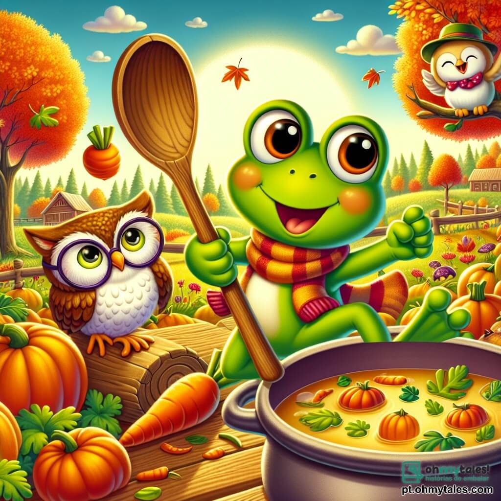 O personagem principal é um pequeno sapo verde, o Senhor Sapo, com grandes olhos redondos e um largo sorriso, pulando alegremente em seu jardim colorido, cercado por legumes de outono. Ele segura um grande rolo de madeira em uma mão e uma cenoura na outra, demonstrando seu entusiasmo pela culinária. Perto dele, a Dona Coruja, uma coruja marrom com penas macias e óculos redondos, observa com olhos brilhantes de curiosidade, empoleirada em um galho, pronta para provar a sopa. O local é um jardim luxuriante da fazenda, banhado pela luz dourada do sol de outono, com árvores de folhas vibrantes de vermelho e laranja, e hortas cheias de abóboras e cenouras. A cena principal mostra o Senhor Sapo preparando uma grande sopa de outono, cercado por seus amigos animais, todos ansiosos para compartilhar uma refeição calorosa e amigável sob o céu azul claro.