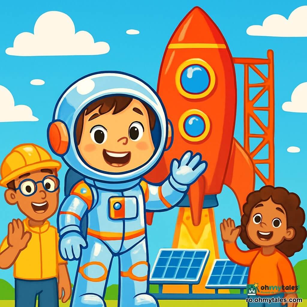 O tânără astronaută, Paula, cu un zâmbet larg și ochi strălucitori de emoție, poartă un costum spațial strălucitor și colorat, cu reflexii argintii, în timp ce stă în fața unei rachete roșii aprinse, pregătită să decoleze. Lângă ea, ingineri zâmbitori, un bărbat de aproximativ 30 de ani cu ochelari și o șapcă, și o femeie de aproximativ 25 de ani cu părul creț, îi fac cu mâna, având fețe vesele și încurajatoare. Fundalul arată un cer albastru strălucitor, presărat cu nori albi pufoși, și o platformă de lansare înconjurată de panouri solare strălucitoare. Scena reprezintă momentul în care Paula se pregătește să urce în racheta ei, plină de entuziasm pentru călătoria sa printre stele.
