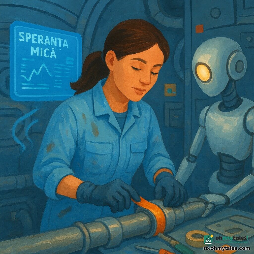 O femeie, Lia, în centrul scenei, concentrată și senină, față ovală, păr șaten prins în coadă de cal, combinezon de lucru bleu pătat de grăsime, mâini mănușate aplicând o bandă de etanșare pe o mică joncțiune metalică care picura; un robot de serviciu subțire, argintiu, fără gen, cu brațe articulate și lampă rotundă pe cap stă în dreapta ei, proiectând o lumină caldă; naveta „Speranța Mică” sugerată printr-o consolă holografică albastră (Miri) plutind în stânga, cu grafice luminoase și voce virtuală reprezentată prin unde de lumină; interiorul unei stații de balize spațiale cu pereți metalici circulare, inele suprapuse, țevi, panouri și autocolante colorate; un mic compartiment tehnic deschis cu un panou demontat și o bandă de etanșare strălucitoare pregătită; atmosferă calmă și atentă, tonuri albastre și gri contrastate de accente calde portocalii și verzi, cadru în plan apropiat pentru a evidenția gesturile precise și expresiile.