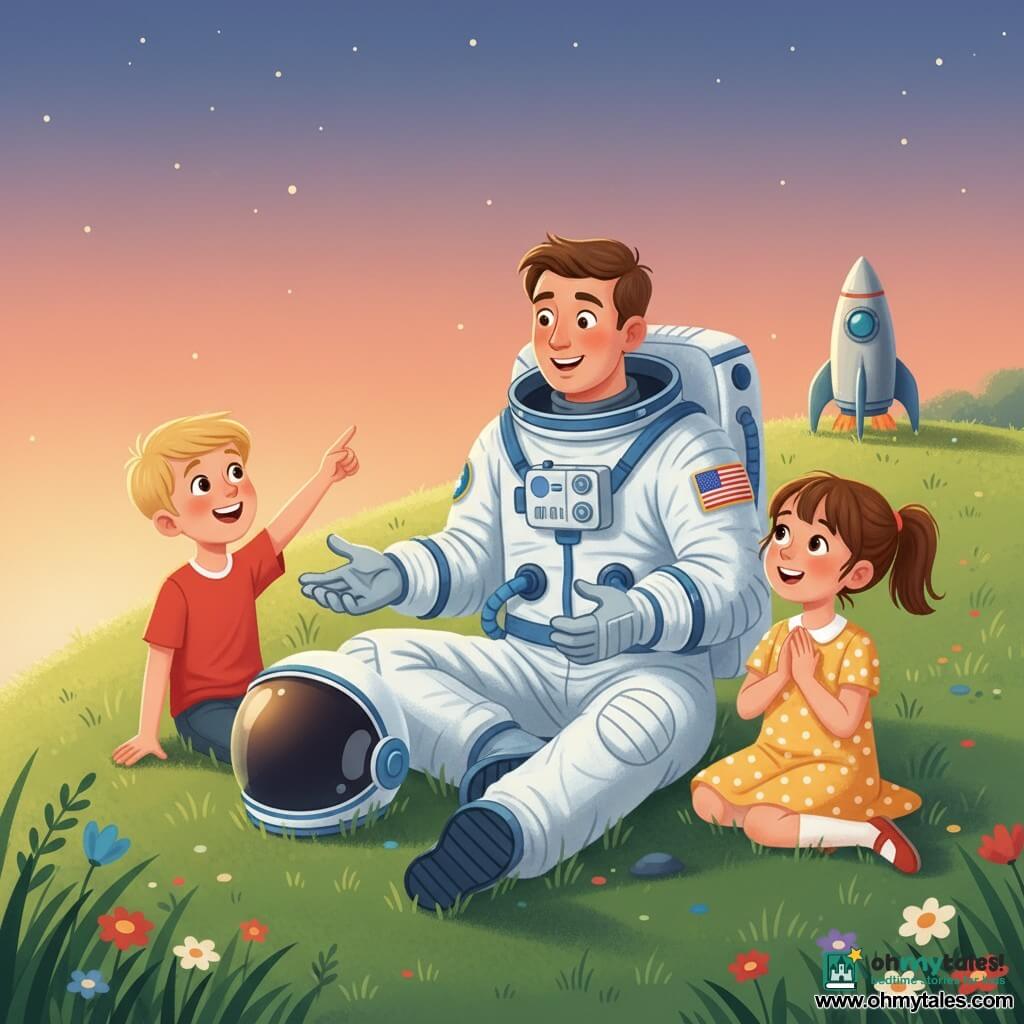 A smiling, awestruck male astronaut in a shiny white suit with blue accents, helmet beside him, sits on soft grass with his hands open as if telling a story; to his right is Lily, about five, brown hair in a ponytail wearing a yellow polka-dot dress with hands clasped to her chest and an amazed look, and to his left is Max, about six, short blond hair in a red t-shirt, laughing and pointing at the sky; behind them on a hill rests a small silver rocket with metallic shine, and the scene is a green meadow at dusk with textured grass, colorful wildflowers, a sky gradient from orange-pink to night blue with the first stars, soft warm magical lighting from above, long shadows and gently saturated colors, composition centered on the astronaut and children with a slight bird’s-eye perspective to emphasize closeness and intimacy.