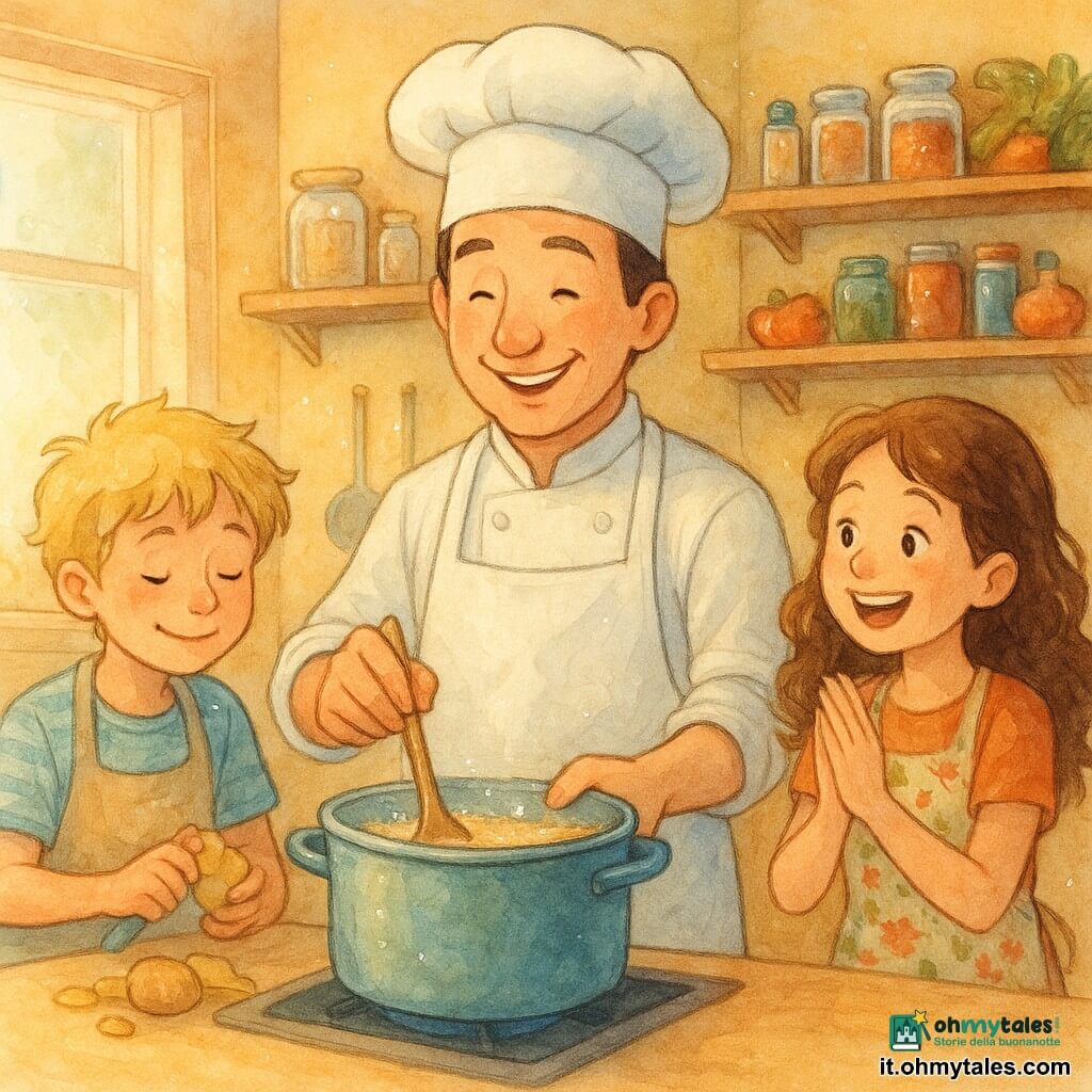 Un uomo, Chef Matteo, sorridente e caloroso, sta cucinando in una cucina luminosa. Indossa un grembiule bianco e un cappello da chef, i suoi occhi brillano di gioia. Accanto a lui, una bambina di 10 anni, Giulia, con un grembiule a fiori, applaude gioiosamente. Ha i capelli castani e ricci, e si trova alla sua destra. Un ragazzo di 12 anni, Luca, con capelli biondi spettinati, sbuccia patate canticchiando. È a sinistra di Matteo. La cucina è piccola ma inondata di luce, con finestre aperte che lasciano entrare il sole. Mensole in legno sono piene di vasetti di spezie colorate e verdure fresche. La scena principale mostra Matteo mentre mescola ingredienti in una grande pentola, creando un'atmosfera di complicità e creatività culinaria.