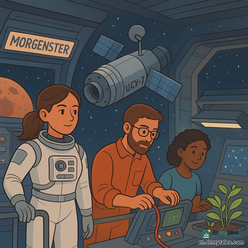 Kapitein Noor, een vrouwelijke astronaut, staat op de loopbrug van haar ruimteschip, de Morgenster. Ze heeft een geconcentreerd en sereen gezicht, met bruin haar in een paardenstaart. Ze draagt een witte ruimtepak met zilveren details en haar ogen stralen een kalme vastberadenheid uit. Naast haar staat Jari, een 35-jarige technicus met een korte baard en een bril, die aandachtig kabels controleert. Hij buigt zich lichtjes over een bedieningspaneel, geconcentreerd. Amaya, een 30-jarige biologe, staat een paar stappen verder en observeert planten onder kunstlicht met een zachte en nieuwsgierige glimlach. De scène speelt zich af binnenin het ruimteschip, met metalen muren versierd met knipperende lichten en grote schermen die sterrenkaarten tonen. De hoofdsituatie toont de bemanning bezig met het repareren van de oude satelliet LUCY-7, zwevend in de ruimte, omringd door een veld van fonkelende sterren en een rotsachtige planeet op de achtergrond.
