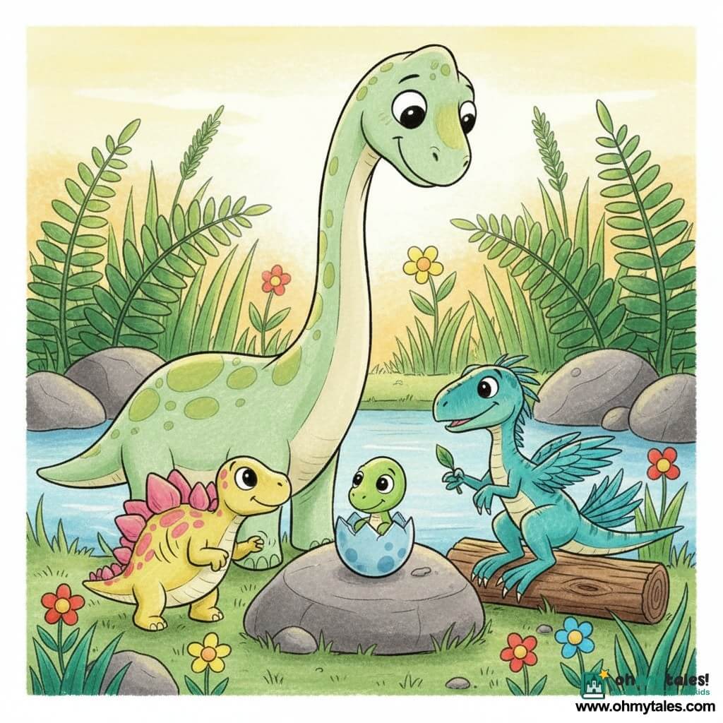A gentle, friendly long-necked pale-green spotted diplodocus with round bright eyes and a tender smile watches over a small blue egg on a rock, while a colorful stegosaurus with pink and yellow plates stands left, curious and smiling, and a slender turquoise-feathered raptor sits on a log right, softly humming and offering a small leaf; the pond setting has green ferns, smooth rocks, tall grass and simple flowers in warm golden sunset light as the egg hatches and a shy baby dinosaur emerges, all the adults nearby protective and calm in a safe, warm atmosphere.