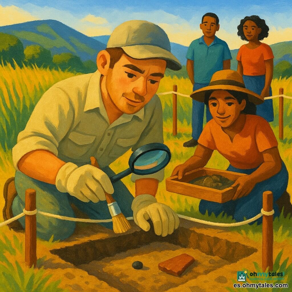 Hombre adulto (≈22 años) Darío: rostro redondo con barba incipiente, piel clara ligeramente bronceada, ojos marrones concentrados, cejas suaves; viste camisa beige remangada, pantalón kaki polvoriento, guantes de lona y gorra, arrodillado sosteniendo un cepillo pequeño y una lupa sobre una zanja, postura atenta y respetuosa. Mujer adulta (≈30 años) Salma, guía local: piel castaña clara, pelo negro recogido bajo un sombrero de ala ancha, sonrisa tranquila y mirada amable; detrás de Darío, agachada, tamiza la tierra con un cedazo de madera, a su derecha. Personajes secundarios: dos visitantes (hombre ≈40 años y mujer ≈35 años) con ropa moderna sencilla, curiosos pero respetuosos, de pie tras una cuerda que delimita el sitio, escuchando a Salma. Lugar: valle herboso a plena mañana con colinas bajas al fondo, hierbas verdes y amarillas, cuadrado de excavación delimitado con cuerdas blancas y estacas, palas, cepillos y una pequeña mesa con fichas y una tableta. Situación principal: descubrimiento íntimo: Darío encuentra una pequeña semilla carbonizada negra en un cedazo junto a un fragmento de vasija de terracota; ambiente de calma y respeto, luz cálida baja realzando texturas de la tierra y polvo en suspensión, composición centrada en las manos y el objeto, tonos terrosos con acentos ocres y azules.