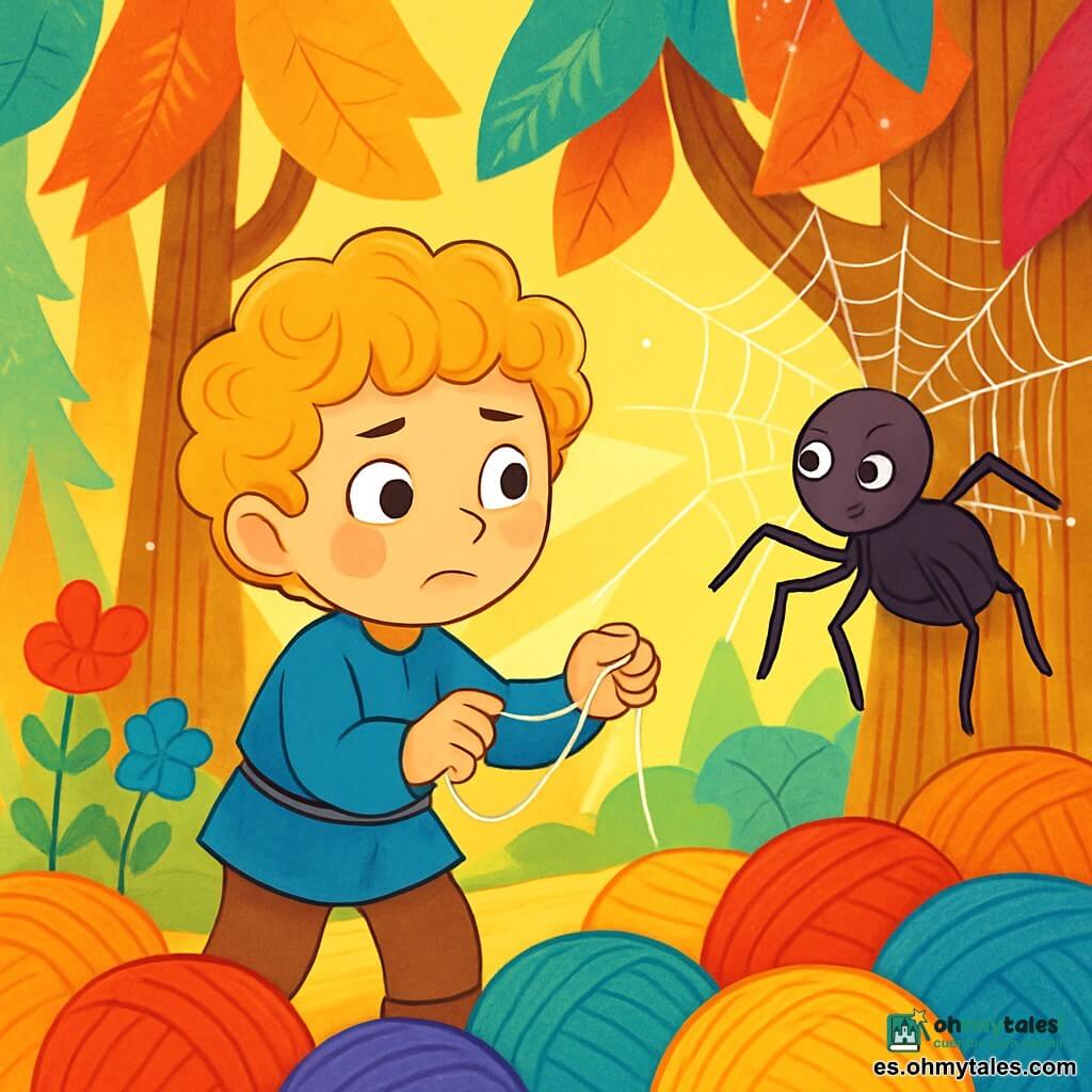 El Petit Poucet, un niño de cabello rizado y dorado, lleva una túnica azul y pantalones de tela. Tiene una mirada decidida pero algo inquieta mientras sostiene un delicado hilo plateado en sus manos. A su lado, una vieja araña de cuerpo negro y patas finas teje una tela brillante, observando al Petit Poucet con ojos sabios y alentadores. El lugar es un bosque encantado, donde los árboles tienen troncos en forma de agujas y hojas de tela colorida que brillan al sol. El suelo está cubierto de madejas de hilo, creando un paisaje de colores vivos. La situación principal muestra al Petit Poucet tirando suavemente del hilo plateado, mientras la luz del sol filtra a través de las ramas, iluminando su rostro con un destello de esperanza. Las flores de tela a su alrededor parecen bailar al ritmo del viento, añadiendo un toque de magia a esta escena cautivadora.