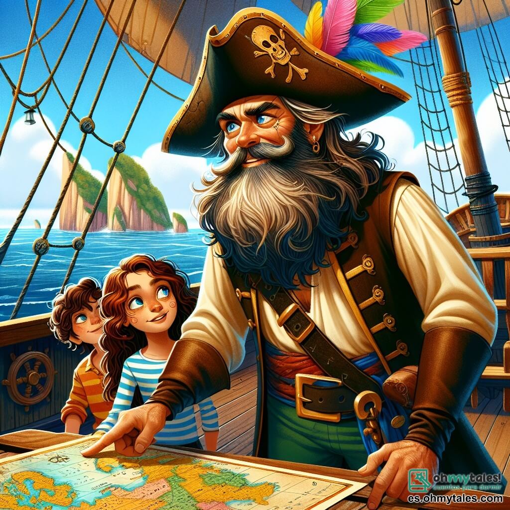 Un hombre, el Capitán Rodrigo Barbaazul, se encuentra orgullosamente en la cubierta de su barco, el Viento Valiente. Tiene una barba espesa y ojos azules llenos de emoción. Su rostro está marcado por arrugas del sol y lleva un sombrero de pirata adornado con plumas de colores. Sonríe con determinación, sosteniendo firmemente el timón del barco, listo para enfrentar la aventura. A su lado, una joven llamada Marina, de unos 12 años, está concentrada en un mapa antiguo. Tiene el cabello rizado y castaño, y lleva una camisa a rayas y pantalones de tela. Se inclina sobre el plano, con los ojos brillantes de inteligencia, mientras señala una isla misteriosa en el mapa. Un joven, Tomás, de unos 10 años, se encuentra un poco más atrás, con los ojos abiertos de curiosidad. Tiene una cicatriz en la mejilla y lleva un chaleco de cuero desgastado. Observa atentamente al capitán, listo para aprender y seguir sus instrucciones. El lugar es un barco pirata navegando en un mar tranquilo, con un cielo azul salpicado de nubes blancas. La cubierta de madera está decorada con cuerdas y velas blancas, mientras que gaviotas vuelan por encima, añadiendo vida a la escena. La situación principal muestra al capitán y su equipo preparándose para una gran aventura, escudriñando el horizonte en busca de la isla misteriosa, mientras la emoción y la anticipación flotan en el aire.