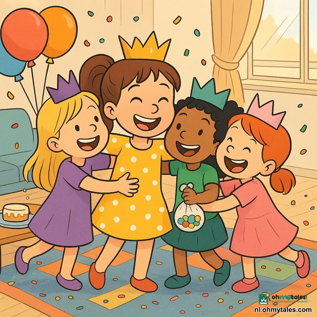 Er zijn vier meisjes: Noor, 6 jaar, bruin haar in paardenstaart, gele jurk met witte stippen, scheef gouden kroontje, in het midden met open armen en lachend; Zoë, 6 jaar, lang blond haar, paarse jurk en paarse kroontje, links van Noor, houdt kleurrijke ballonnen en lacht; Mila, 6 jaar, krullend zwart haar, groen T‑shirt en rok, groen kroontje, rechts van Noor, houdt een zakje kralen en kijkt blij; Saar, 6 jaar, rood haar in staartjes, roze outfit en lichtroze kroontje, achter Noor voorovergebogen om mee te knuffelen en hard lachend. De setting is een lichte woonkamer met lichte houten vloer, groot kleurrijk tapijt met geometrische patronen, salontafel met slagroomtaart en borden, ballonnen aan het plafond, een lichtstraal door een halfopen gordijn op de vensterbank en glinsterende confetti op de vloer. Hoofdsituatie: de vier meisjes maken in het midden van de kamer een groepsknuffel; de kroontjes zitten een beetje scheef, confetti draait om hen heen, de sfeer is feestelijk en kleurrijk in een heldere stripstijl met duidelijke lijnen, felle kleuren en eenvoudige kindvriendelijke texturen.
