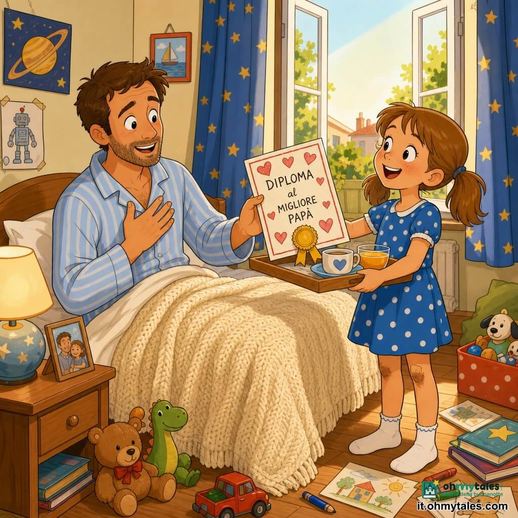 Ci sono due personaggi principali: Nina, bambina di 8 anni con capelli castano chiaro raccolti in codini, vestito a pois blu, ginocchia leggermente sporche, che tiene un vassoio con una tazza, una ciotola di succo d'arancia e un diploma decorato con cuori; è sul bordo del letto a destra, raggiante; Marco, padre di 38 anni con capelli corti castani e barba di qualche giorno, in pigiama a righe azzurro chiaro, seduto sul letto centro-sinistra, sorpreso e commosso, una mano sul petto e l'altra pronta a prendere il diploma. Luogo: una camera luminosa di mattina con grandi finestre aperte che lasciano entrare un raggio di sole, tende a stelle, coperta di maglia color crema, comodino con lampada rotonda e foto incorniciata, alcuni giocattoli e fogli sparsi a terra. Situazione: momento tenero di sorpresa — la bambina porta in silenzio il vassoio con il diploma "Super Papà" e una coccarda dorata, il padre si sveglia e scopre la sorpresa; espressioni chiare, emozioni dolci, colori caldi e composizione centrata sul contatto visivo e sul diploma in primo piano.