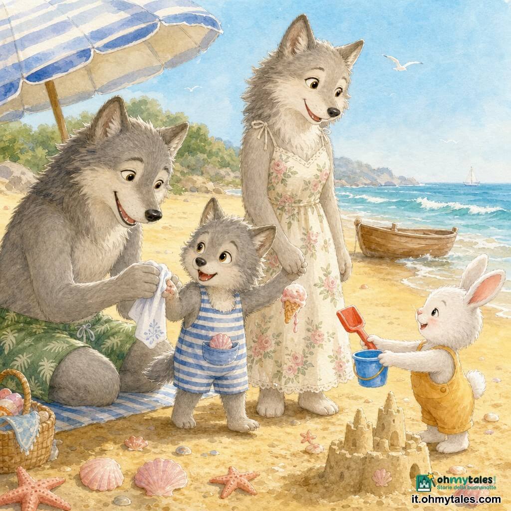 Il personaggio principale è un piccolo lupo grigio dal pelo soffice, occhi nocciola, costume a righe blu e bianche, volto gioioso e curioso, che cammina a piedi nudi sulla sabbia calda con una piccola conchiglia rosa nella tasca; la mamma lupo, alta e sorridente dal pelo più chiaro e vestita con un abito leggero a fiori, gli tiene la mano e guarda il mare con tenerezza; il papà lupo, calmo e protettivo in pantaloncini da spiaggia verdi, è seduto su una coperta vicino a un ombrellone a righe e gli asciuga le dita con un fazzoletto; un altro bambino, un piccolo coniglio bianco, felice e concentrato, tende una paletta rossa e un secchiello blu per costruire un castello di sabbia qualche passo davanti; la spiaggia è ampia con sabbia dorata, onde turchesi leggere, una piccola barca di legno vicino alla riva, conchiglie rosa e stelle marine sparse, cielo azzurro e un grande ombrellone a righe; la scena mostra un momento dolce e vivace: il piccolo lupo con la conchiglia in tasca e un gelato che si scioglie su un dito sorride mentre gli altri giocano e lo vegliano.
