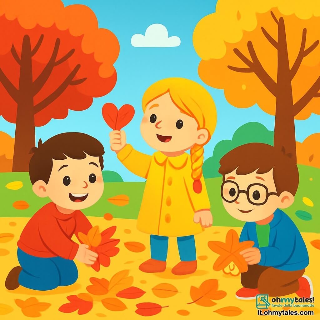 Ci sono 3 personaggi: - Luca: un ragazzo di 7 anni, con capelli castani e occhi scintillanti. Indossa un maglione rosso e un jeans. Sta raccogliendo foglie a terra, tutto sorridente. - Giulia: una ragazza di 6 anni, con lunghi capelli biondi intrecciati e un bel cappotto giallo. Tiene in mano una foglia a forma di cuore, meravigliata dalla sua bellezza. - Marco: un ragazzo di 7 anni, con capelli castani e occhiali. Indossa una giacca blu e una maglietta verde. È accovacciato, osservando una foglia a forma di stella che ha appena trovato. La scena principale si svolge in un parco autunnale splendido, pieno di alberi maestosi con foglie rosse, gialle e arancioni. Il terreno è coperto di foglie cadute, creando un tappeto colorato. In lontananza si intravede un cielo azzurro chiaro punteggiato di nuvole bianche e soffici. I tre amici si divertono a raccogliere foglie colorate per creare un grande quadro, circondati dalla bellezza della natura, ridendo e condividendo la loro gioia mentre scoprono le meraviglie dell'autunno.