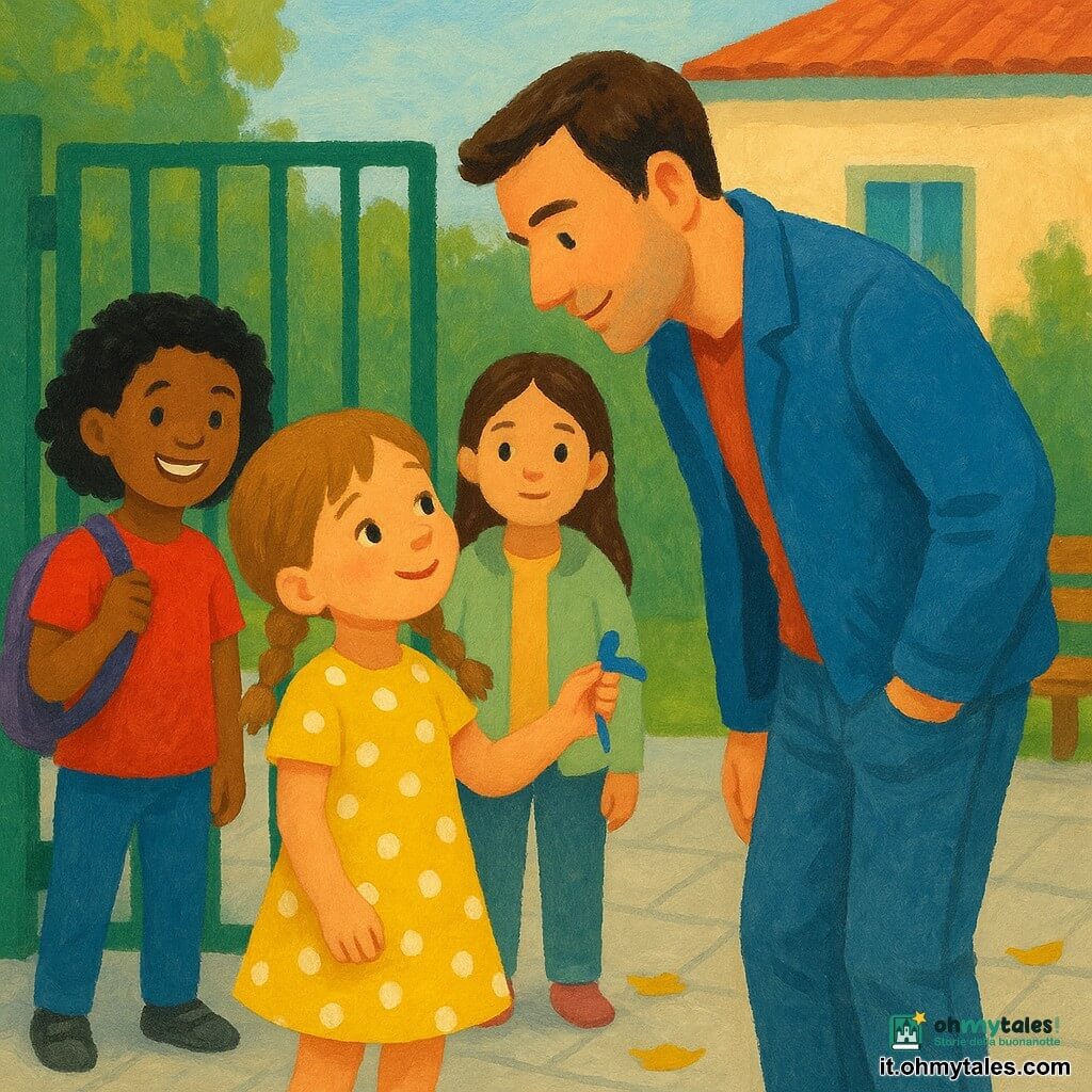 Quattro personaggi davanti alla scuola materna: Arianna, circa 5 anni e mezzo, capelli castano chiaro in due trecce, vestito giallo a pois bianchi, al centro davanti alla cancellata verde, porge un piccolo nastro blu al papà; il padre, circa 35 anni, carnagione chiara, capelli corti castano scuro, giacca blu e jeans, è all'esterno della cancellata con un passo indietro, mani in parte nelle tasche, sguardo dolce e leggermente chino verso di lei; Sara, circa 6 anni, capelli ricci neri, maglietta rossa, sorride tenendo uno zainetto a sinistra di Arianna; Leila, circa 6 anni, capelli lunghi castani, cardigan verde chiaro, osserva calma a destra. Ambientazione: davanti a una cancellata metallica verde, marciapiede chiaro, panchina sullo sfondo, edifici crema e cielo mattutino con luce soffusa; atmosfera calda e intima, gesto affettuoso tra bambina e padre, palette con tinte calde per i personaggi e verdi per lo sfondo, texture di pittura acrilica con pennellate morbide.