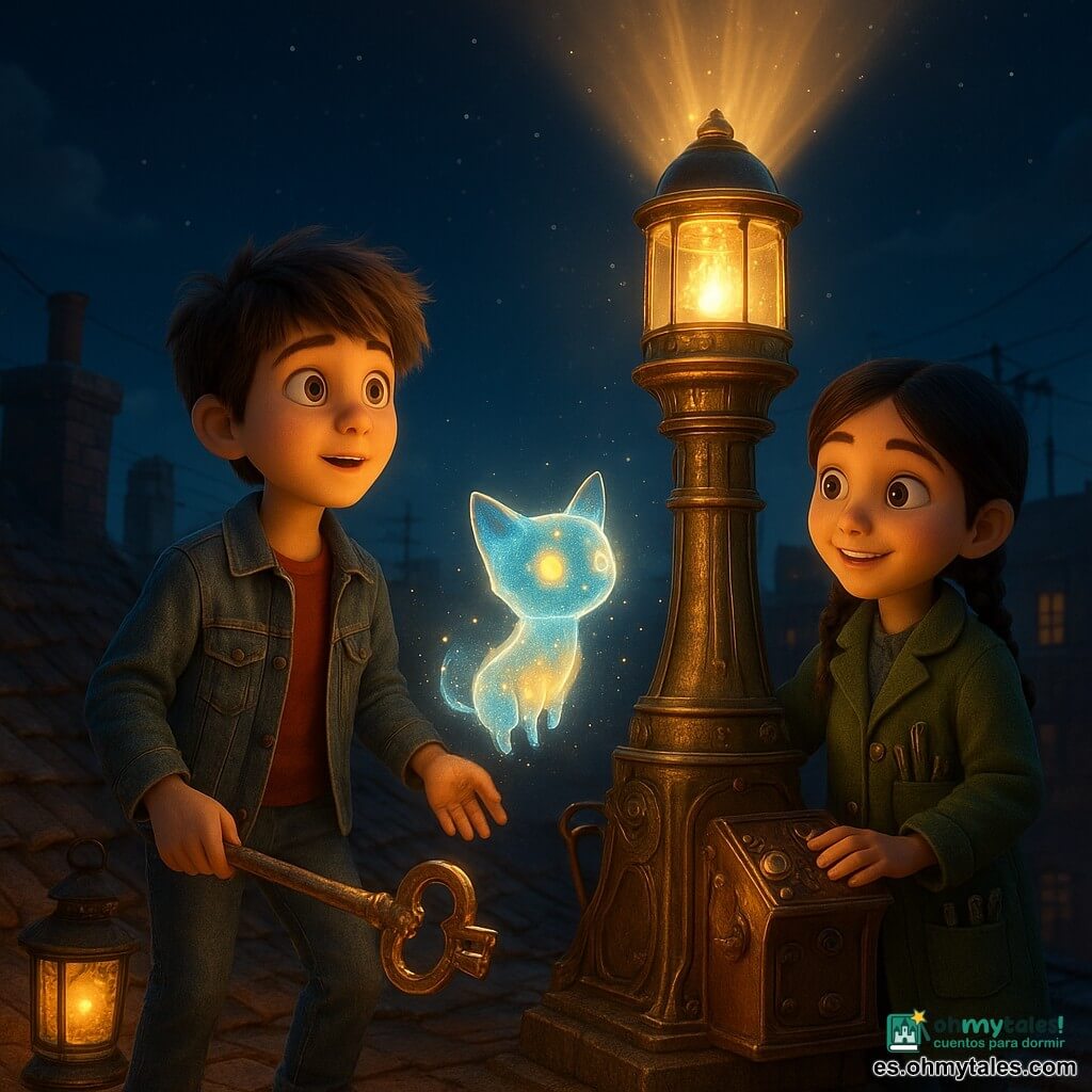 Hay tres personajes: Lucas, niño de 11 años con cabello castaño despeinado, chaqueta vaquera gastada y zapatillas rojas, sostiene una gran llave metálica brillante a la izquierda, con mirada asombrada hacia la luz; Elena, niña de 10 años con el cabello negro en dos trenzas, abrigo verde con bolsillos llenos de herramientas, a la derecha con una mano sobre un panel de control de cobre, sonriente y concentrada; y una pequeña criatura luminosa no humana del tamaño de un gato, cuerpo translúcido que pulsa en azul y dorado, flotando entre ellos y emitiendo chispas como luciérnagas. Escena en la azotea de un edificio antiguo de un barrio urbano de noche: tejas irregulares, chimeneas de ladrillo, letreros de neón a lo lejos, una farola de hierro forjado en el suelo, cables cruzados y un cielo estrellado con nubes tenues. Los niños activan un gran faro esculpido en metal y vidrio: placas de cobre encajan, hilos luminosos despiertan y un rayo cálido y dorado se eleva al cielo; texturas realistas (metal envejecido, tela, ladrillo) combinadas con efectos luminosos mágicos (polvo de estrellas, halos), ambiente cálido, curioso y mágico, composición centrada en el faro con los rostros iluminados por su resplandor.