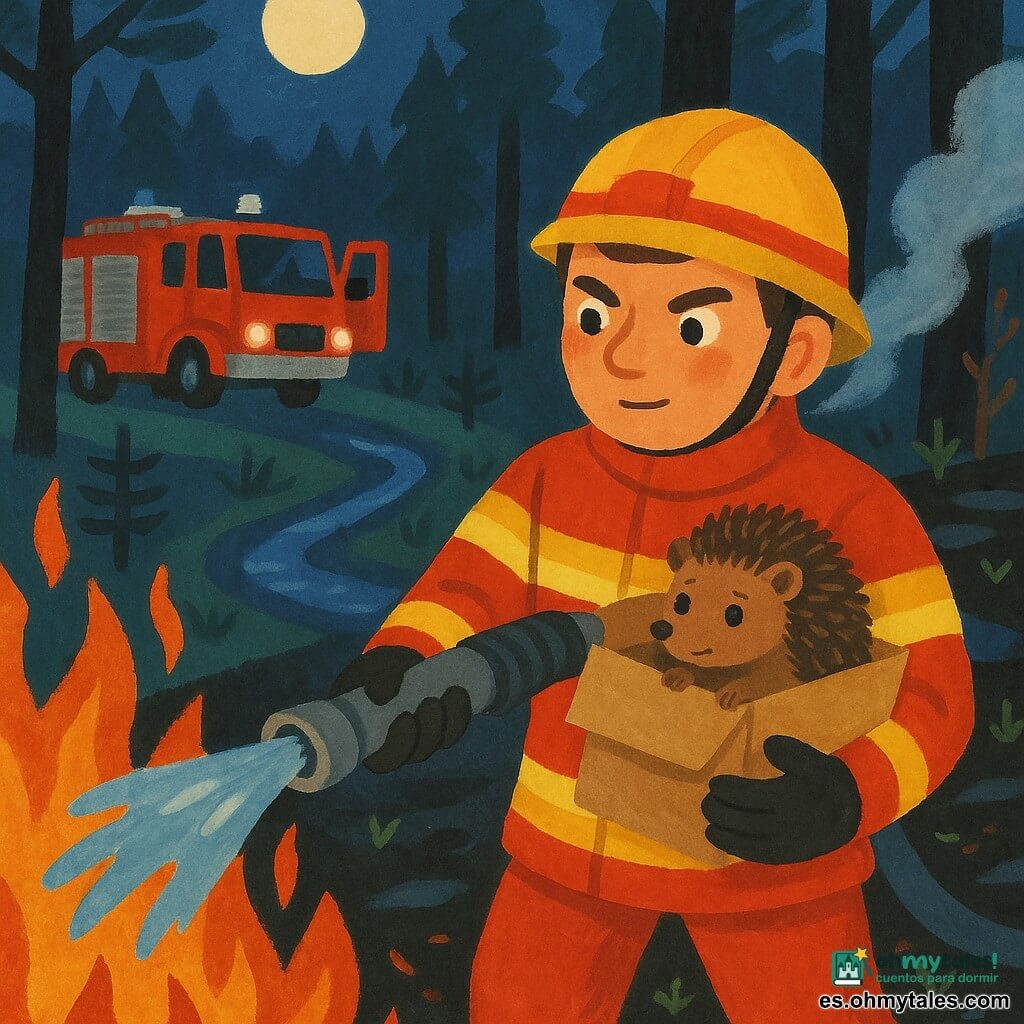 Un bombero llamado Martín, rostro redondo, cabello castaño corto, expresión decidida y amable, vestido con uniforme reflectante rojo y amarillo, sostiene una manguera dirigida al borde de un incendio forestal mientras sostiene contra el pecho una caja de cartón con un pequeño erizo marrón puntiagudo, asustado pero aliviado; al fondo, un camión de bomberos rojo brillante aparcado entre pinos con la puerta abierta y la luz encendida; bosque nocturno con luna llena amarillo pálido, troncos negros, suelo calcinado, frágiles brotes verdes y un pequeño río brillante; Martín riega las llamas naranjas y rojas, hace una zanja con una pala y esparce semillas de colores sobre la zona quemada, acción calma y protectora con humo blanco elevándose suavemente.