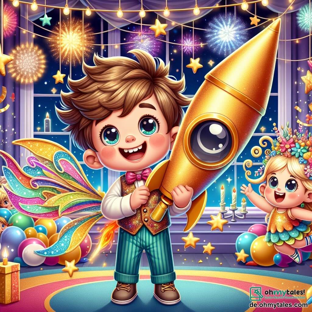 Ein 6-jähriger Junge, Max, mit zerzausten braunen Haaren und strahlenden Augen, steht in der Mitte des Bildes, mit einem großen Lächeln im Gesicht und hält eine wunderschöne goldene Rakete in seinen Händen. Neben ihm springt Funki, ein kleines feenhaftes Wesen mit glitzernden Flügeln und bunten Haaren, vor Freude, seine Augen leuchten vor Aufregung. Ihre Umgebung ist ein großer Festsaal, dekoriert mit bunten Girlanden, glänzenden Ballons und funkelnden Lichtern, die den Raum erhellen. Goldene und silberne Sterne schweben um sie herum und schaffen eine magische Atmosphäre. Die Hauptsituation zeigt Max und Funki, die bereit sind, die goldene Rakete zu starten, umgeben von der Aufregung der Silvesterfeier, während draußen durch das Fenster Feuerwerke den Himmel erleuchten.
