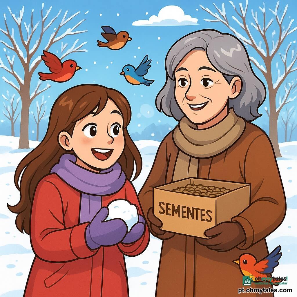 Uma menina de 12 anos, Sofia, com longos cabelos castanhos e bochechas rosadas, sorri alegremente segurando uma pequena bola de neve nas mãos. Ela veste um grosso casaco vermelho, um cachecol lilás e luvas de lã, com os olhos brilhando de felicidade. Ao lado dela, uma mulher de cerca de 50 anos, Dona Emília, com cabelos grisalhos e um sorriso caloroso, observa Sofia com carinho, segurando uma caixa de papelão cheia de sementes para os pássaros. A cena ocorre em um parque de inverno, onde o chão está coberto por uma espessa camada de neve cintilante sob o sol de inverno. Árvores despidas cercam o parque, com seus galhos adornados de geada brilhante. Sofia, maravilhada com a beleza do inverno, está prestes a lançar a bola de neve que criou, enquanto pássaros coloridos voam ao redor, atraídos pelas sementes que Dona Emília trouxe.