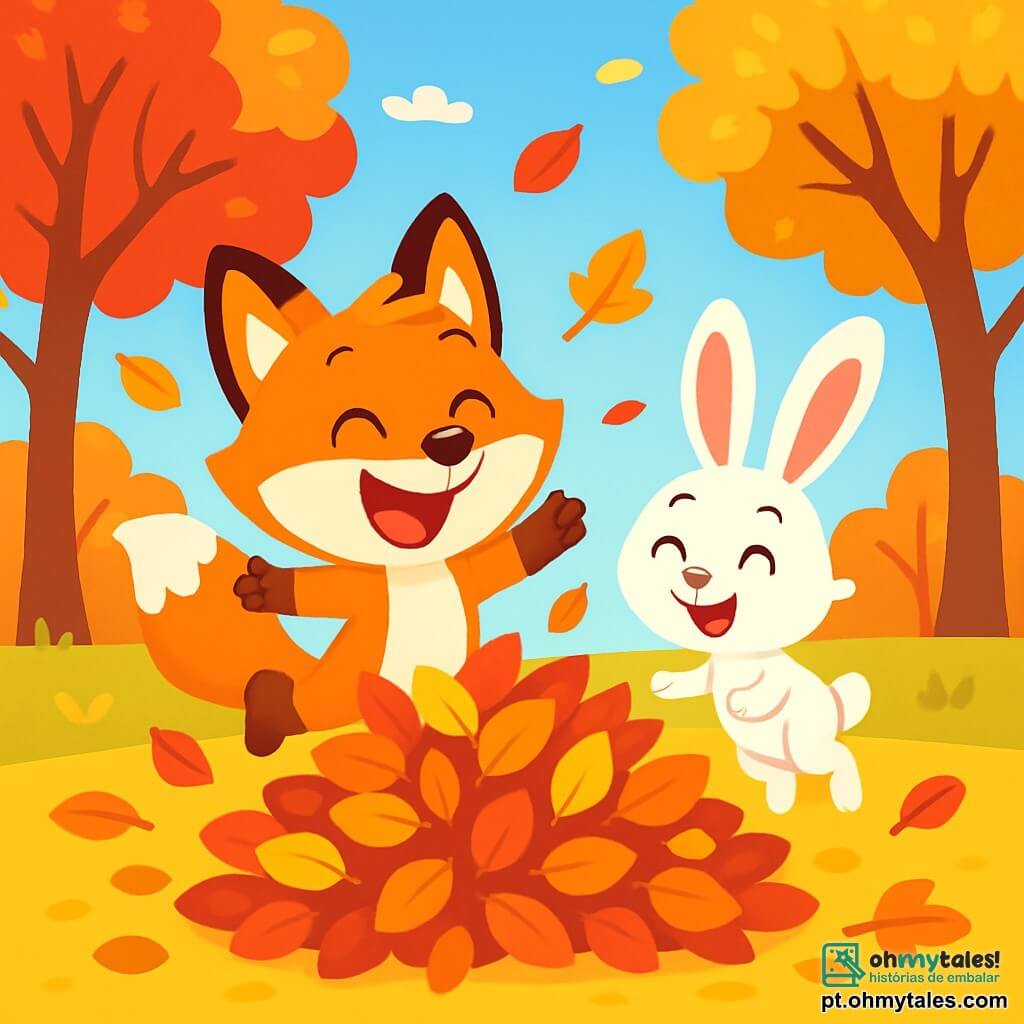 Um pequeno raposinho chamado Nico, com um pelo liso e brilhante de cor laranja vivo, pula alegremente em uma pilha de folhas coloridas, exibindo um grande sorriso e olhos brilhantes de excitação. Ao seu lado, uma coelhinha branca chamada Lila, com grandes orelhas e um olhar travesso, ri enquanto se prepara para pular nas folhas também. O cenário é um parque de outono, onde árvores majestosas se erguem, suas folhas vibrantes de vermelho, ouro e laranja caindo suavemente ao chão, criando um tapete cintilante. O céu é de um azul claro, salpicado de algumas nuvens brancas e fofas, e uma brisa suave faz as folhas dançarem ao redor deles. A cena mostra Nico e Lila se divertindo juntos, cercados pela beleza da natureza, enquanto se preparam para mergulhar nas folhas, cheios de alegria e entusiasmo.