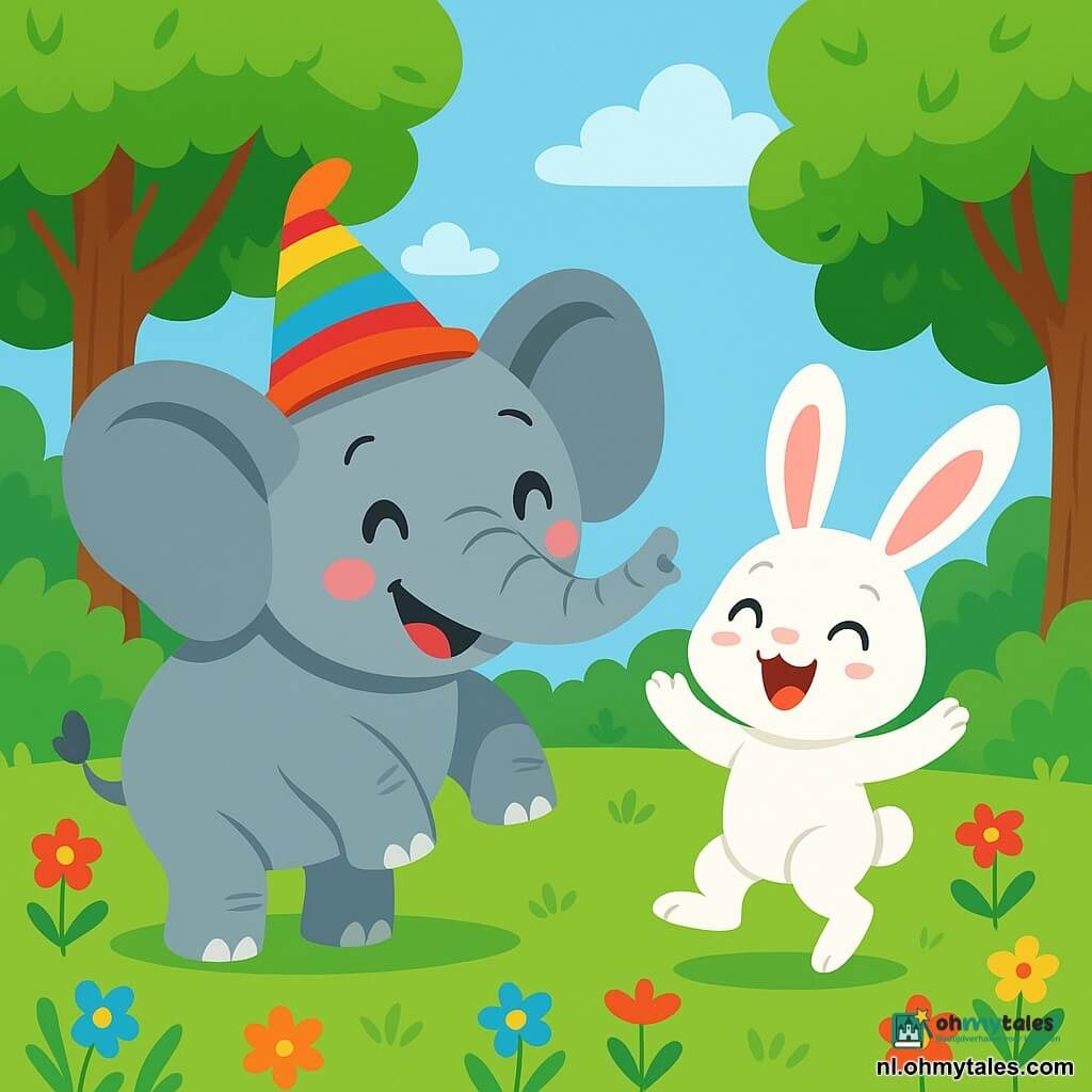 Een blije olifant genaamd Olly, met een grijze huid en grote oren, draagt een kleurrijke hoed die danst op zijn hoofd. Hij heeft een grote glimlach en sprankelende ogen van blijdschap terwijl hij zich voorbereidt om een grote damp te maken. Naast hem springt een klein konijn genaamd Karel, met een witte vacht en grote oren, van blijdschap en klapt in zijn handen, zijn ogen glinsterend van opwinding. Ze bevinden zich in een mooie open plek in het bos, omringd door groene bomen met glanzende bladeren en kleurrijke bloemen die in de wind dansen. In het midden van de scène bereidt Olly, met een grappige houding, zich voor om een grote dans te maken, klaar om zich voorover te buigen voor zijn damp, terwijl Karel enthousiast aanmoedigt.