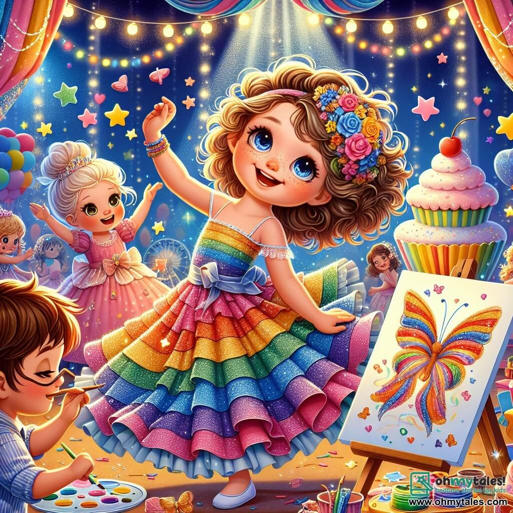A 5-year-old girl named Lucy, with beautiful curly hair and sparkling eyes, wears a rainbow dress that twirls around her as she dances with a big smile on her face. Next to her, Jamie, a 6-year-old boy with brown hair and round glasses, throws paper stars in the air, laughing with joy. Mia, a 5-year-old girl with golden braids and a colorful dress, paints butterfly wings on a canvas, focused yet smiling. The setting is a magical carnival, filled with bright colors: balloons float in the air, twinkling light garlands, and a cupcake-shaped inflatable castle stands in the background, surrounded by children's laughter. The main scene shows Lucy and her friends joyfully dancing, surrounded by colorful games and sweet treats, celebrating friendship and the magic of the carnival under a starry sky.