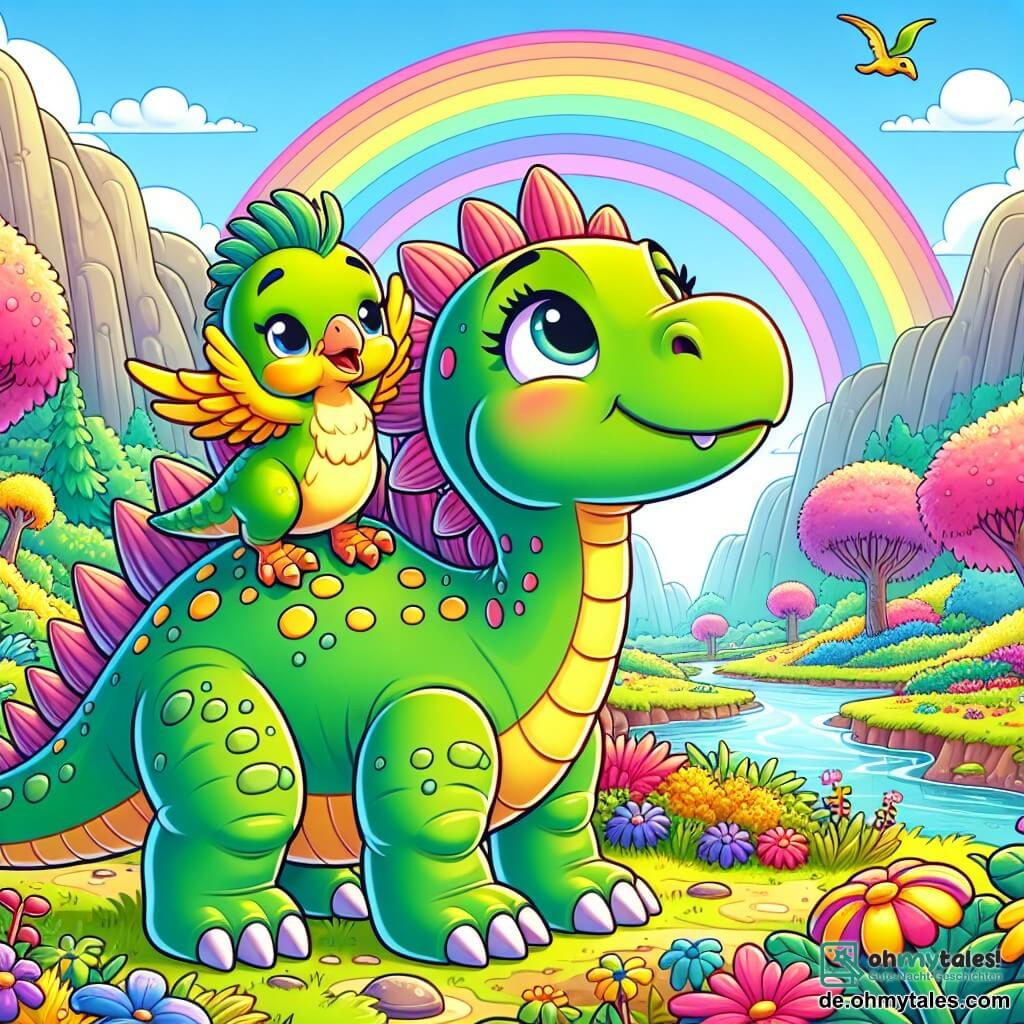Ein Stegosaurus namens Stella, mit leuchtend grüner Haut und großen, spitzen Platten auf ihrem Rücken, zeigt Neugier und Freude, während sie ein wunderschönes, buntes Tal erkundet. Neben ihr befindet sich ein kleiner Velociraptor namens Vinnie, mit gelben Federn und einem dankbaren Blick, der sich an ihren Rücken klammert, bereit, diesen neuen Ort zu entdecken. Der Ort ist ein zauberhaftes Tal, gefüllt mit Bäumen mit rosa Stämmen, bunten Blumen und einem kleinen, glitzernden Bach, der sich durch die Landschaft schlängelt. Die Hauptsituation zeigt Stella und Vinnie, die vor einem wunderschönen Regenbogen staunen, der sich über ihnen abzeichnet und ihre neue Freundschaft sowie die Abenteuer symbolisiert, die sie erwarten.