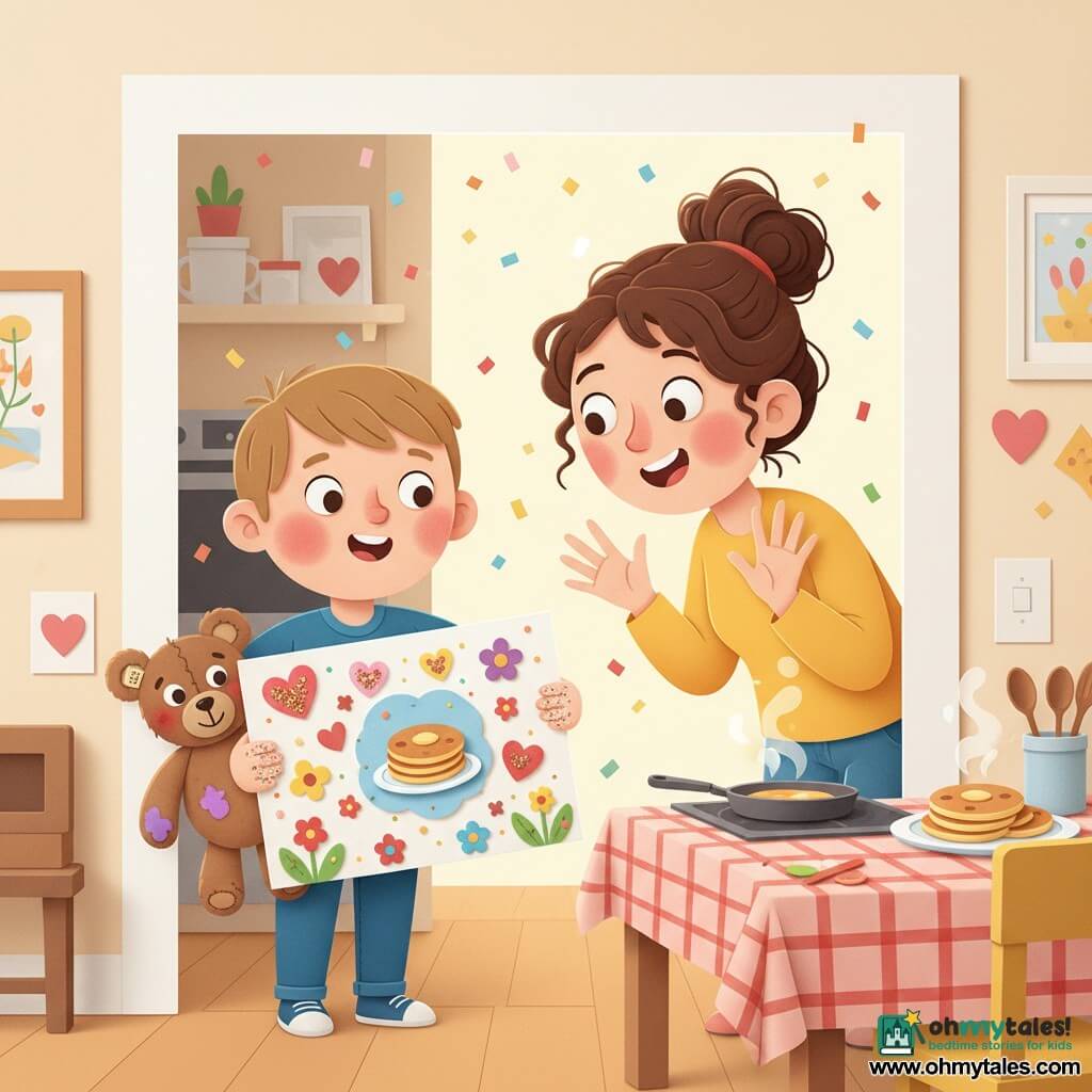 A joyful, proud 4-year-old boy with short light-brown hair, round cheeks and glitter on his hands holds a large colorful drawing covered in hearts and glitter; a smiling, warm mother (about 30–35) with dark curly hair in a bun stands in the kitchen doorway, surprised and leaning toward him; a slightly worn brown teddy (Benny) tucked under the boy’s arm watches with a sewn tag and a purple marker stain; the bright cozy kitchen has a light wooden table with a red-checkered cloth, a smoking pan and a plate of golden pancakes on the counter; the boy offers his card decorated with drawings, flowers and a small pancake picture, the mother has her hands raised in wonder, and confetti and glitter float in the air, creating a cozy festive atmosphere.