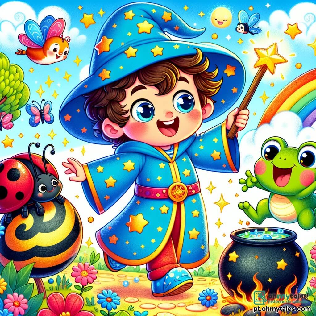 No centro da imagem, um jovem garoto chamado Léo, um aprendiz de bruxo de 8 anos, com cabelos desgrenhados e olhos brilhantes de curiosidade, dança alegremente ao redor de um grande caldeirão colorido. Ele usa uma robe de bruxo azul decorada com estrelas douradas e segura uma varinha mágica cintilante, com um grande sorriso no rosto, expressando excitação e alegria. Ao lado dele, uma pequena joaninha vermelha com manchas pretas, sua fiel amiga, voa em círculos, suas asas brilhantes capturando a luz do sol. Um pouco mais longe, um sapo saltitante, de cor verde vivo, pula animadamente, seus olhos redondos e travessos mostrando diversão. O cenário se passa no Parque dos Risos, um lugar encantador cheio de árvores de troncos coloridos e flores de pétalas vibrantes. Pássaros risonhos voam no céu azul, enquanto nuvens fofas flutuam, criando uma atmosfera mágica e alegre. A cena principal mostra Léo lançando sua poção de risada no ar, provocando uma chuva de risos e cores brilhantes que envolvem todos os personagens, criando uma atmosfera de festa e felicidade contagiosa.