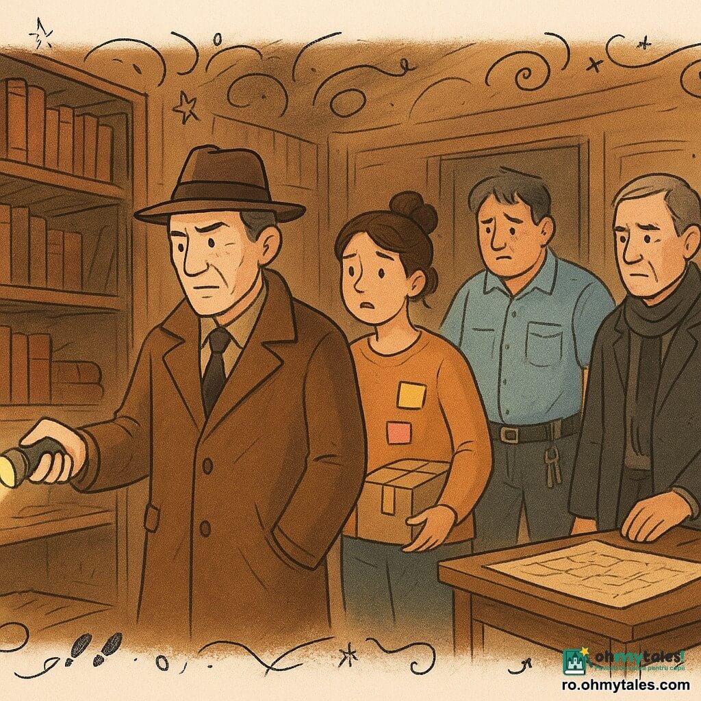 Un detectiv serin dar concentrat, față cu câteva riduri simpatice, palton maro lung și pălărie fedora, ține o lanternă care luminează un raft gol din bibliotecă; postură atentă, sprâncene ușor încruntate. Vali, paznic de circa 45 de ani, robust, uniformă albastru deschis ușor șifonată, privește vinovat și jenat spre podea, lângă o ușă de depozit întredeschisă, cheile agățate de brâu. Irina, stagiară de aproape 20 de ani, păr șaten prins într-un coc dezordonat, ținută casual cu post-it colorate pe buzunar, ține o cutie mică de carton sigilată cu bandă, la câțiva pași de detectiv, confuză. Profesorul Dima, în jur de 50 de ani, elegant în vestă gri închis și eșarfă, are o pată albă de cretă pe mânecă și stă ușor retras lângă o masă cu o hartă mare pliată. Loc: interiorul unei biblioteci vechi cu rafturi din lemn închis, tâmplărie uzată, lumină chihlimbar a lampilor, praf vizibil în fasciculul lanternei; o masă mică cu tablă mobilă acoperită de desene în cretă și o cutie goală pe podea. Situație: detectivul descoperă un spațiu gol pe un raft unde lipsește un atlas vechi; indicii vizuale — o zgârietură proaspătă pe marginea raftului, praf alb de cretă pe podea, o bandă adezivă mototolită — personajele exprimă rușine, confuzie și neliniște; compoziție centrată pe raftul gol luminat, expresii clare, culori calde și contraste blânde, stil simplu și jucăuș cu mici doodle suprapuse (lupă, urme, săgeți).