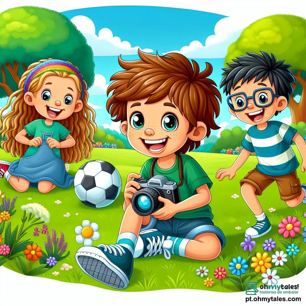 Um garoto de 10 anos, Lucas, com cabelos castanhos bagunçados e olhos brilhantes de curiosidade, está sentado na grama verde do parque, com um grande sorriso no rosto. Ele segura uma câmera nas mãos, pronto para capturar um momento alegre com seus amigos. Ao lado dele, Ana, uma menina de 9 anos com cabelos longos e loiros trançados, ri enquanto segura uma bola de futebol, prestes a lançá-la para Lucas. Outro garoto, Max, de 10 anos, com óculos e cabelos negros, está um pouco afastado, procurando flores coloridas para uma caça ao tesouro. O parque é iluminado e acolhedor, com grandes árvores de folhas verdes, flores multicoloridas espalhadas pela grama e um céu azul com nuvens brancas fofas. A cena principal mostra Lucas e seus amigos se divertindo juntos, longe das telas, aproveitando a natureza e a amizade, com uma atmosfera alegre e dinâmica que ilustra sua felicidade em brincar juntos.