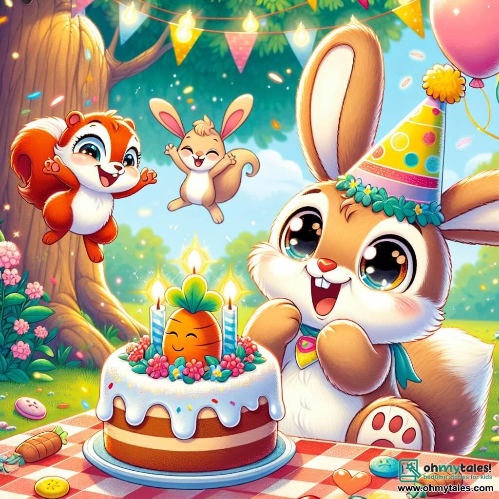 Benny, an adorable rabbit with big ears and soft brown fur, is at the center of the image, his eyes shining with excitement and a big smile on his face. He wears a colorful party hat and holds a slice of carrot cake in his paws, ready to enjoy it. Next to him, Lila, a small squirrel with sparkling eyes and red fur, jumps for joy, her arms raised in celebration. She also wears a party hat and looks thrilled to share this special moment with her friend. The setting is a beautiful clearing under a large oak tree, decorated with colorful flower garlands and balloons floating in the air. A large carrot-shaped birthday cake sits on a checkered tablecloth, surrounded by treats and toys. The scene captures the moment when Benny blows out his birthday candles, surrounded by his friends, filled with joy and laughter, illustrating the magic of an unforgettable birthday party.