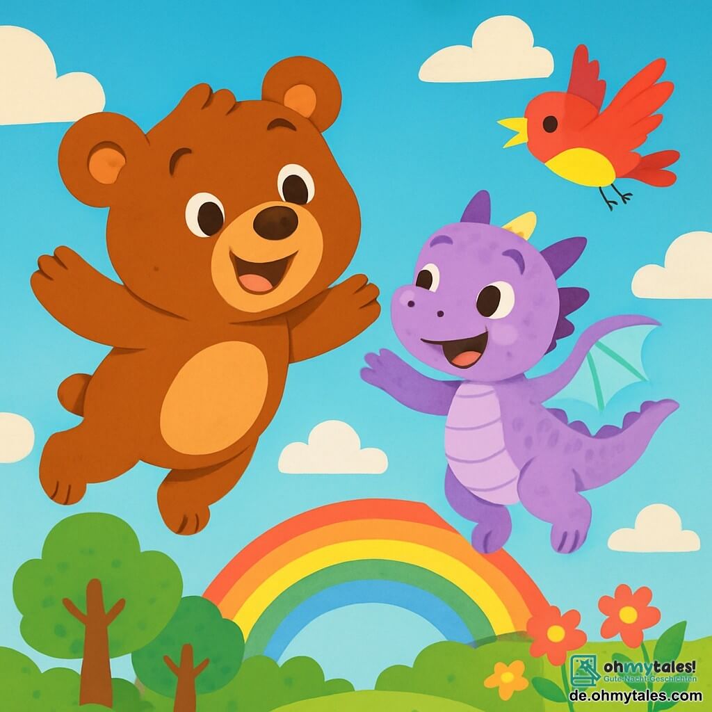 Ein großer brauner Bär namens Bruno mit funkelnden Augen und einem fröhlichen Lächeln fliegt am blauen Himmel, die Arme weit geöffnet, als würde er Spaß daran haben, durch die Wolken zu schweben. Neben ihm lacht ein kleiner lila Drache mit glänzenden Schuppen und durchsichtigen Flügeln vor Freude, seine Augen strahlen vor Schalk. Im Hintergrund fliegt ein bunter Vogel mit leuchtend rotem und gelbem Gefieder und singt fröhlich. Unter ihnen entfaltet sich eine bezaubernde Landschaft: ein üppiger Wald voller tanzender Blumen, dickstämmige Bäume mit leuchtend grünen Blättern und ein strahlender Regenbogen, der den Himmel durchzieht. Die Szene zeigt Bruno und den Drachen, die zusammen fliegen und von der Schönheit der Natur umgeben sind, was eine Atmosphäre von Freude und Abenteuer schafft.