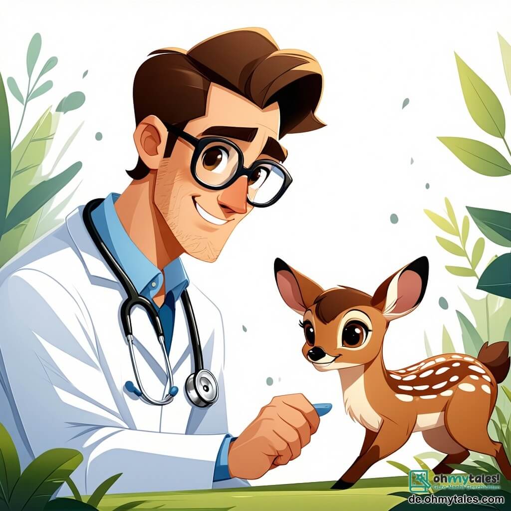 Der Hauptcharakter, Dr. Ben Meier, ist ein Mann in seinen Dreißigern mit leicht lockigem braunem Haar und runden Brillen, die ihm ein freundliches Aussehen verleihen. Er trägt einen weißen Veterinärkittel und ein Stethoskop um den Hals, und sein Gesicht zeigt große Konzentration und Freundlichkeit, während er ein verletztes Rehkitz untersucht. Zu den Nebencharakteren gehört Anna, ein 8-jähriges Mädchen mit langen geflochtenen blonden Haaren, die neugierig und besorgt auf das kleine Tier schaut, neben Ben stehend. Neben ihr steht Lukas, ein 9-jähriger Junge mit Sommersprossen und zerzausten Haaren, der ein hundeförmiges Plüschtier hält und die Szene mit weit aufgerissenen Augen bestaunt. Die Szene spielt im grünen Garten von Frau Müller, der mit bunten Blumen und Sträuchern gefüllt ist, mit einem Holzzaun hinter ihnen. Im Hintergrund sieht man eine große Eiche, die Schatten spendet und eine friedliche, einladende Atmosphäre schafft. Die Hauptsituation zeigt Dr. Ben, der das verletzte Rehkitz behandelt, während Anna und Lukas fasziniert zuschauen und lernen, wie wichtig es ist, sich um Tiere zu kümmern.