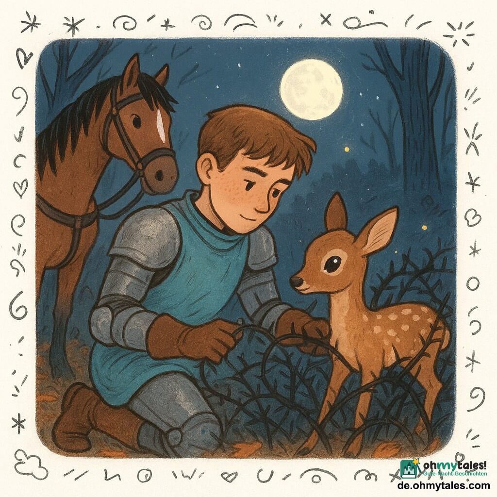 Ein etwa 16-jähriger Knabe als Ritter kniet, zartes konzentriertes Gesicht, leicht verkratzte Stahlrüstung, türkisblauer Tabard, braune Lederhandschuhe, kurze kastanienbraune Haare mit Sommersprossen, er hält behutsam Dornen, um ein Tier zu befreien; ein kleines verängstigtes Rehkitz mit hellbraunem Fell und weißen Flecken, großen Augen und aufgerichteten Ohren steckt in einem Dornbusch und blickt dem Ritter vertrauensvoll entgegen; links hinter ihm Großaufnahme des Fuchses Blitz, unruhig aber schützend, schwarze Mähne, weiße Stirnzeichnung, gesattelt und bereit; nächtlicher Mondwald mit rauen Baumstämmen, orange-braunem Laub, dunklem Dornbusch, Lichtung im silbernen Mondschein und wenigen gelben Glühwürmchen; Hauptszene: ruhiger, zärtlicher Moment, in dem der Ritter das Kitz unter sanftem Mondlicht befreit, warme Atmosphäre, kontrastreiche Farben (Mitternachtsblau, Silber, warmes Braun), zentrierte, klare Komposition für Kinder mit klaren Linien und runden Formen.