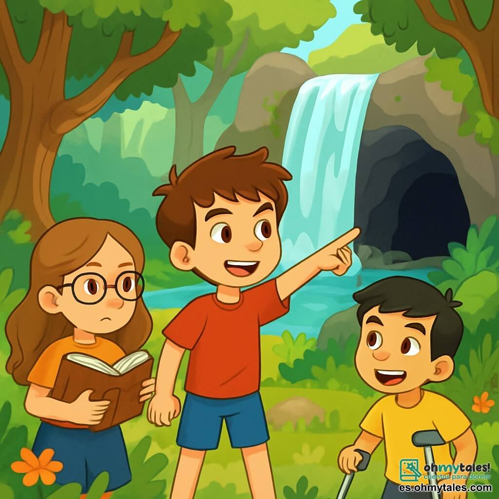Hay 3 personajes: - Pablo: un niño de 10 años, con cabello castaño despeinado y ojos brillantes de curiosidad. Lleva una camiseta roja y un pantalón corto azul, y se encuentra en el centro, señalando hacia la cueva con una expresión decidida. - Sofía: una niña de 9 años, con cabello largo y ondulado de color castaño claro, que lleva gafas. Está a la izquierda de Pablo, sosteniendo un libro antiguo en sus manos, con una expresión concentrada en su rostro. - Mateo: un niño de 10 años, con cabello negro y una sonrisa amigable. Usa una muleta para moverse y está a la derecha de Pablo, mirando la cueva con una mezcla de emoción y aprensión. El lugar se desarrolla en un bosque encantado, donde grandes árboles con troncos retorcidos se elevan hacia el cielo, sus hojas verdes filtrando la luz del sol. Al fondo, una cascada brillante desciende por las rocas, creando un pequeño lago de aguas cristalinas. Justo detrás de la cascada, se esconde una cueva oscura y misteriosa, rodeada de helechos exuberantes y flores coloridas. La situación principal de la historia muestra a los tres amigos, decididos a descubrir la verdad sobre el Gran Lobo Malo, acercándose a la cueva. Se intercambian miradas llenas de valentía, listos para enfrentar lo desconocido, con el sonido apacible de la cascada de fondo.