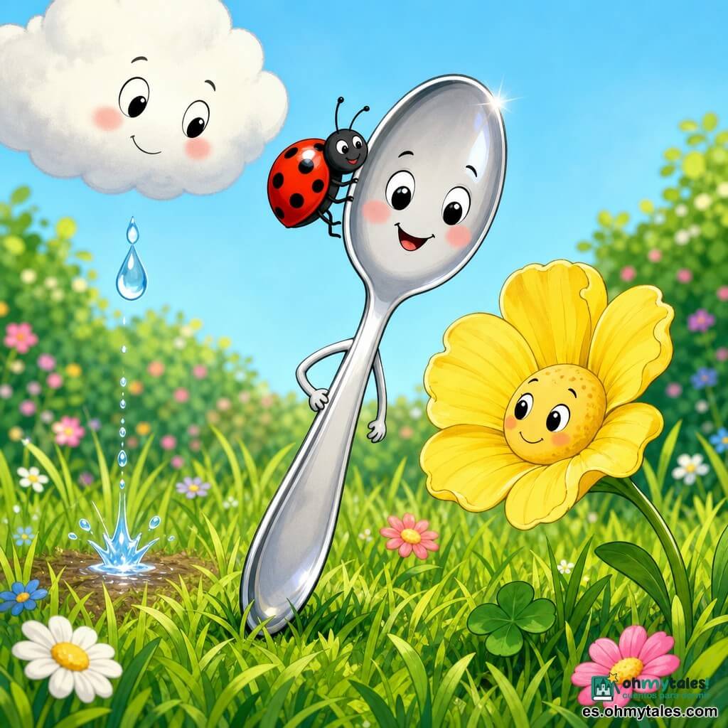 Personaje principal: una cucharita antropomórfica de metal brillante, rostro redondo y sonriente, grandes ojos, mejillas rosadas, camina con delicadeza en la hierba apuntando la punta al suelo. Personaje secundario 1: una mariquita roja con puntos negros que sube alegre por el mango cerca de la cabeza. Personaje secundario 2: una flor amarilla de amplia corola con rostro sonriente, pétalos algo arrugados, inclinada hacia la cucharita. Personaje secundario 3: una nube blanca y esponjosa arriba a la izquierda con mirada benigna que deja caer una gota que hace un pequeño brillo en la tierra. Lugar: jardín primaveral luminoso con césped verde denso, flores pequeñas y fondo desenfocado. Situación: la cucharita explora, toca una brizna con la punta, la mariquita asciende, la flor sonríe y la gota forma un charco brillante junto a sus pies. Estilo: colores vivos y pastel, contornos suaves y claros, texturas simples y expresiones exageradas aptas para niños pequeños, composición centrada en la cucharita.