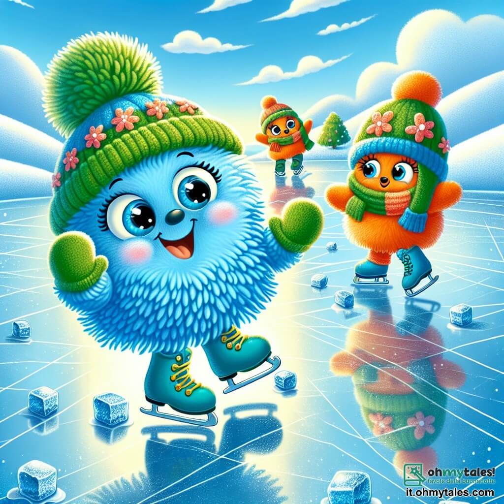 Un guanto di lana blu vivo con un polsino rosso, pieno di gioia ed eccitazione, scivola su un lago ghiacciato, le sue piccole mani di lana si allungano felicemente mentre danza sul ghiaccio. Vicino, un guanto verde con motivi floreali, sorridente e incoraggiante, applaude con entusiasmo, mentre un guanto arancione, un po' timido ma curioso, osserva con occhi brillanti, pronto a unirsi alla danza. Il contesto è un magnifico lago ghiacciato circondato da montagne innevate, sotto un cielo blu chiaro punteggiato di nuvole bianche e soffici, dove la luce del sole scintilla sulla superficie del ghiaccio, creando riflessi luccicanti. La scena rappresenta un momento magico di cameratismo e gioia, dove i guanti si uniscono per danzare e divertirsi insieme sul ghiaccio, celebrando lo spirito dell'inverno.