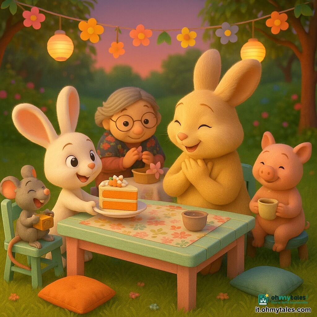 Coniglio Piuma, un piccolo coniglio bianco dalle grandi orecchie e occhi lucenti, offre delicatamente una fetta di torta di carote decorata a Mamma Coniglia, una dolce coniglia beige seduta al tavolo con le mani vicino al cuore; intorno a loro gli amici — Topo Pepe, una piccola topo grigia che ride tenendo una scatola di biscotti, Nonna Tilda, una topolina anziana con gli occhiali che aggiunge decorazioni di carta, e Porcellino Berto, un maialino rosa timido con una tazza di tè — applaudono in un giardino luminoso con una lunga tavola dipinta pastello, tovaglie floreali, ghirlande di fiori di carta tra due alberi, cuscini sull'erba e lanterne che cominciano a brillare sotto un cielo rosa al crepuscolo, in uno stile cartoonesco dai colori pastello e atmosfera calda e accogliente.