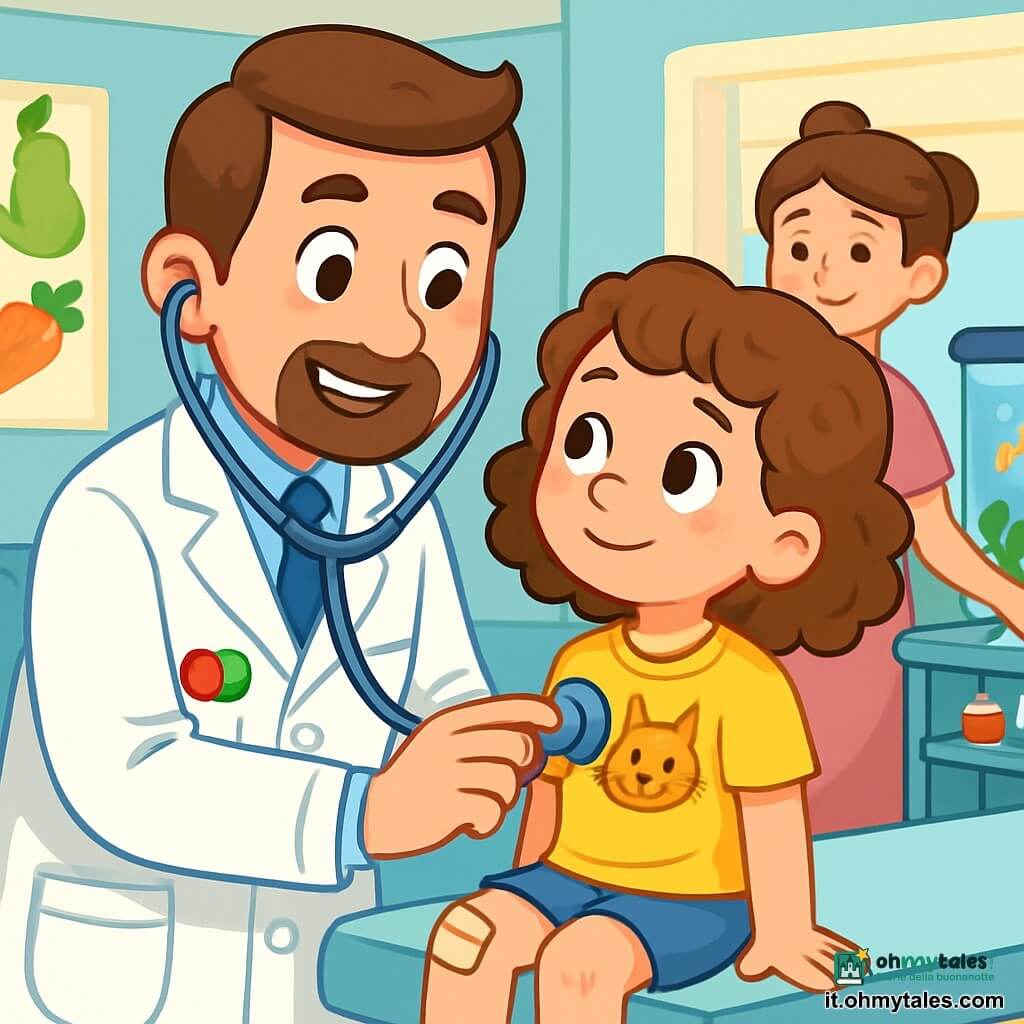 Un medico, il dottor Luca, è in piedi in uno studio medico luminoso, con un sorriso caloroso e occhi brillanti di benevolenza. Indossa un camice bianco impeccabile, uno stetoscopio attorno al collo e cerchi colorati nella tasca. Sta ascoltando il cuore di una bambina, Leo, di circa 7 anni, con una fasciatura al ginocchio. Leo ha capelli ricci e indossa una maglietta gialla con un disegno di gatto. Guarda il dottore con curiosità e un leggero sorriso, seduta su un lettino.

Nel fondo, l'infermiera Maria, una donna di circa 30 anni con capelli castani raccolti in uno chignon, prepara forniture mediche su un carrello. Indossa un camice rosa e sorride guardando il dottore e Leo.

Il luogo è uno studio medico accogliente, con pareti dipinte di azzurro chiaro, poster colorati di frutta e verdura, e un acquario pieno di pesci colorati che nuotano pacificamente.

La scena principale mostra il dottor Luca che rassicura Leo, spiegandole con dolcezza come la aiuterà a guarire il ginocchio, creando un'atmosfera di fiducia e calore.