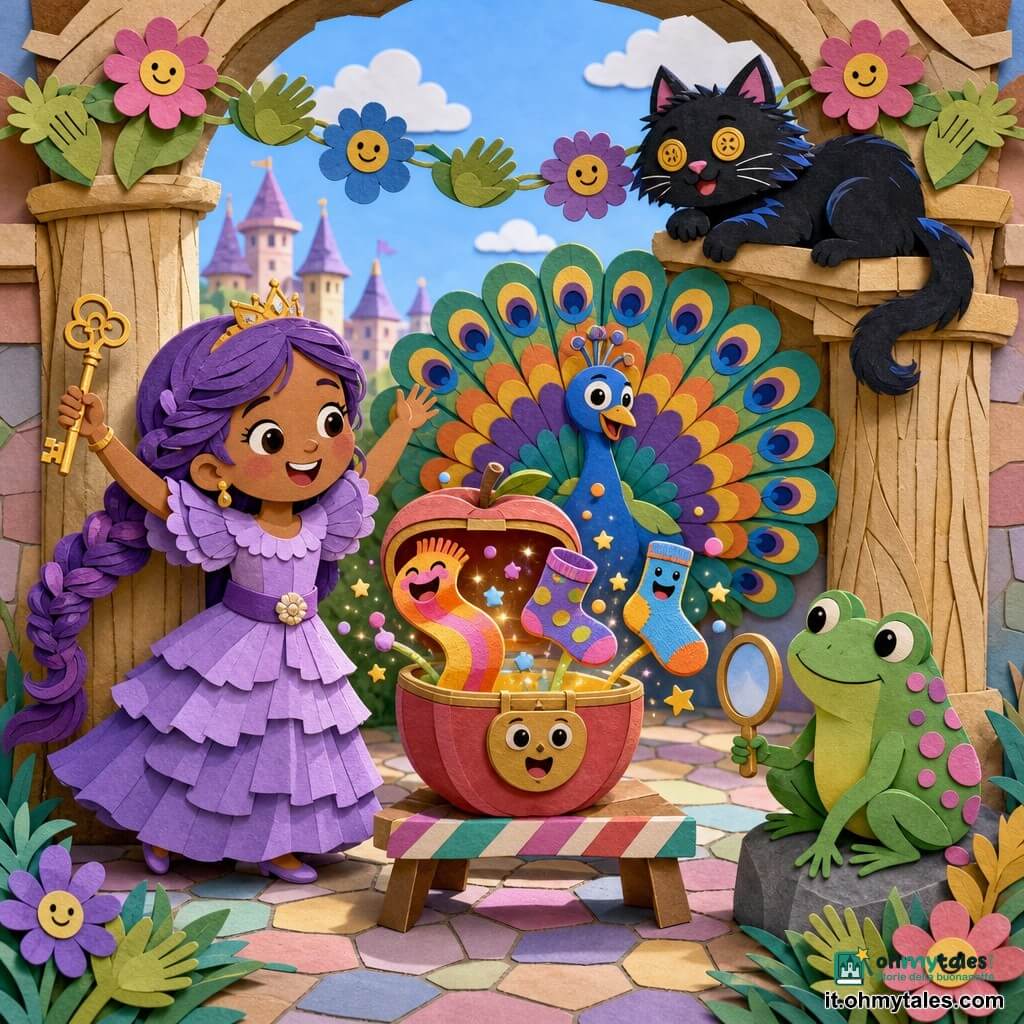 Principessa Lilla, sorridente e birichina, volto rotondo, trecce viola, vestito lilla a volant, tiene una piccola chiave d'oro nella mano destra e saluta; il Gatto Ombra, nero con riflessi blu e occhi come bottoni dorati, si accoccola accanto a lei sul bordo del portico facendo gli occhi sgranati e ronronando; la Rana, verde a pois rosa, piccola, con uno specchietto e sorriso timido, è seduta su una pietra davanti al baule; il Pavone grande e colorato apre la coda dietro il baule; il baule magico è al centro, piccolo e lucido come una mela verniciata, con una serratura che ha occhi e bocca, appoggiato su una panca di legno a righe candy; il portico ha colonne come cannucce giganti, pavimento a piastrelle pastello, ghirlande di fiori sorridenti e foglie che sembrano applaudire, luce mattutina morbida; la principessa apre gioiosa il baule che spruzza scintille e oggetti buffi (una sciarpa che ride, calzini solleticanti), forme semplici, colori saturi e contorni netti, composizione centrata e chiara per un bimbo di 6 anni.