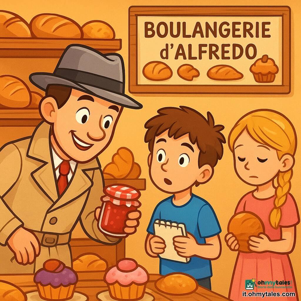 Un detective sorridente e curioso indossa un cappello di feltro grigio e un trench beige. I suoi occhi brillano di eccitazione mentre osserva attentamente un barattolo di marmellata su uno scaffale. Accanto a lui, un ragazzo di circa 10 anni, con capelli castani disordinati e una maglietta blu, guarda affascinato il detective, tenendo un piccolo quaderno in mano. Più in là, una ragazza di 8 anni, con capelli biondi intrecciati e un vestito rosa, si tiene timidamente con gli occhi bassi, stringendo un cornetto. La scena si svolge in una deliziosa panetteria, con scaffali di legno pieni di pani dorati e pasticcini colorati, e un dolce profumo di pane caldo nell'aria. In fondo, un'insegna di legno dice "Panetteria di Alfredo" con decorazioni di pane e dolci. Il detective esamina il barattolo di marmellata, intrigato dal mistero della sua posizione, mentre i due bambini lo osservano curiosi, pronti a scoprire la verità dietro questo piccolo mistero.