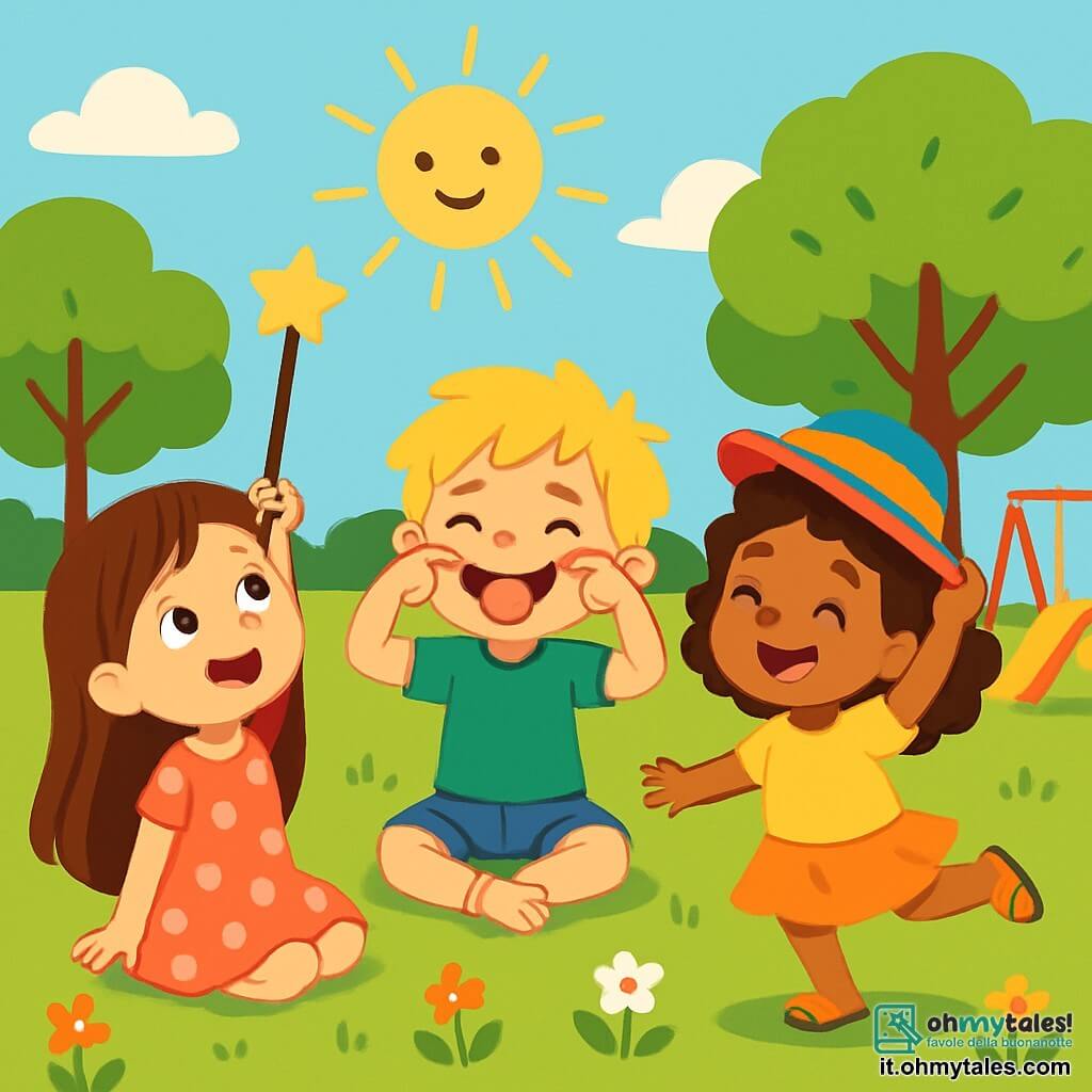 Ci sono 3 personaggi: - Anna: una ragazza di 6 anni con lunghi capelli castani e occhi scintillanti. Indossa un vestito rosa a pois e tiene una bacchetta magica in mano, guardando il cielo con meraviglia. - Luca: un ragazzo di 6 anni con capelli biondi arruffati e un grande sorriso. Indossa una maglietta verde e pantaloni corti blu, facendo una smorfia divertente ai suoi amici. - Mia: una ragazza di 6 anni con capelli ricci e un cappello colorato. Indossa una gonna gialla e sandali, ballando felicemente sull'erba. I tre amici si trovano in un parco soleggiato, circondati da alberi verdi con foglie brillanti e fiori colorati che danzano nel vento. La scena principale mostra i tre amici seduti sull'erba, ridendo insieme dopo aver "trovato" il loro tesoro immaginario. Anna solleva la sua bacchetta magica, Luca fa una smorfia divertente, e Mia gira su se stessa, togliendo il cappello con un grande sorriso. I raggi del sole illuminano i loro volti gioiosi, pieni di felicità e amicizia.